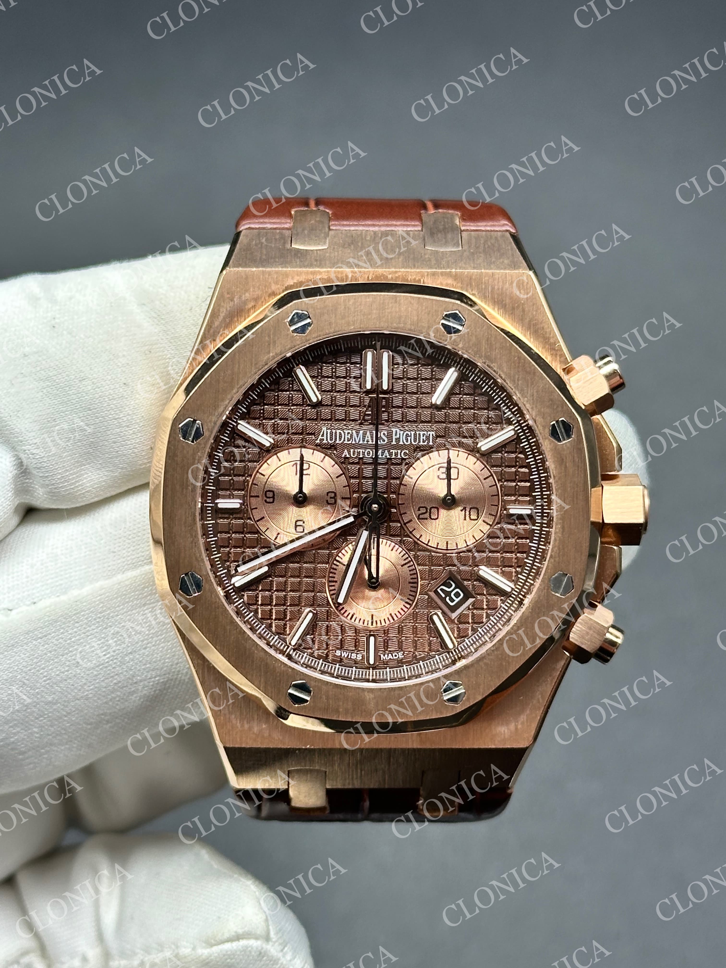 ROYAL OAK CHRONO 26331 SS BROWN DIAL ROSE SUBDIAL ON BROWN LEATHER STRAP A2385