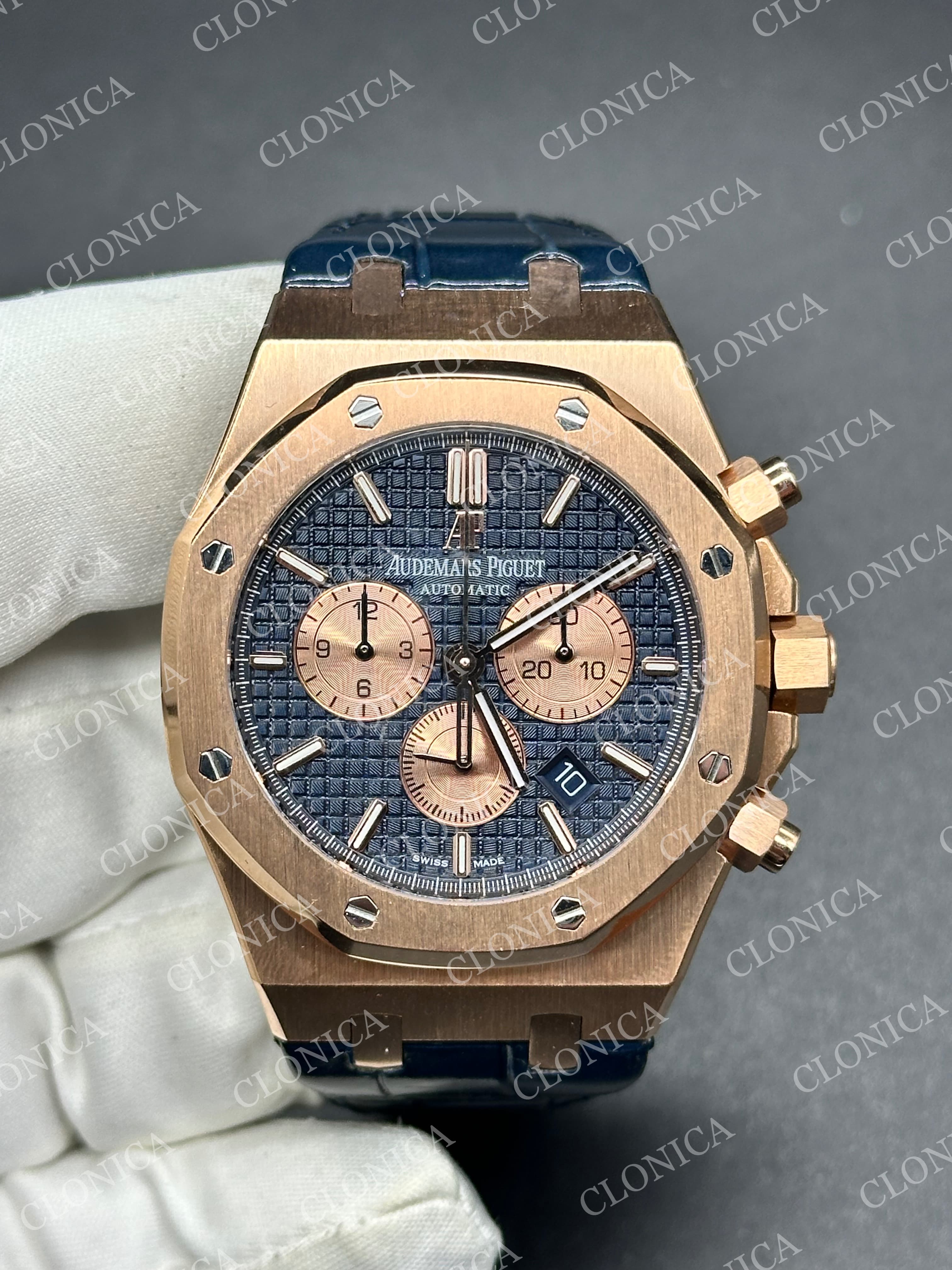 ROYAL OAK CHRONO 26331 SS BLUE DIAL ROSE SUBDIAL ON BLUE LEATHER STRAP A2385