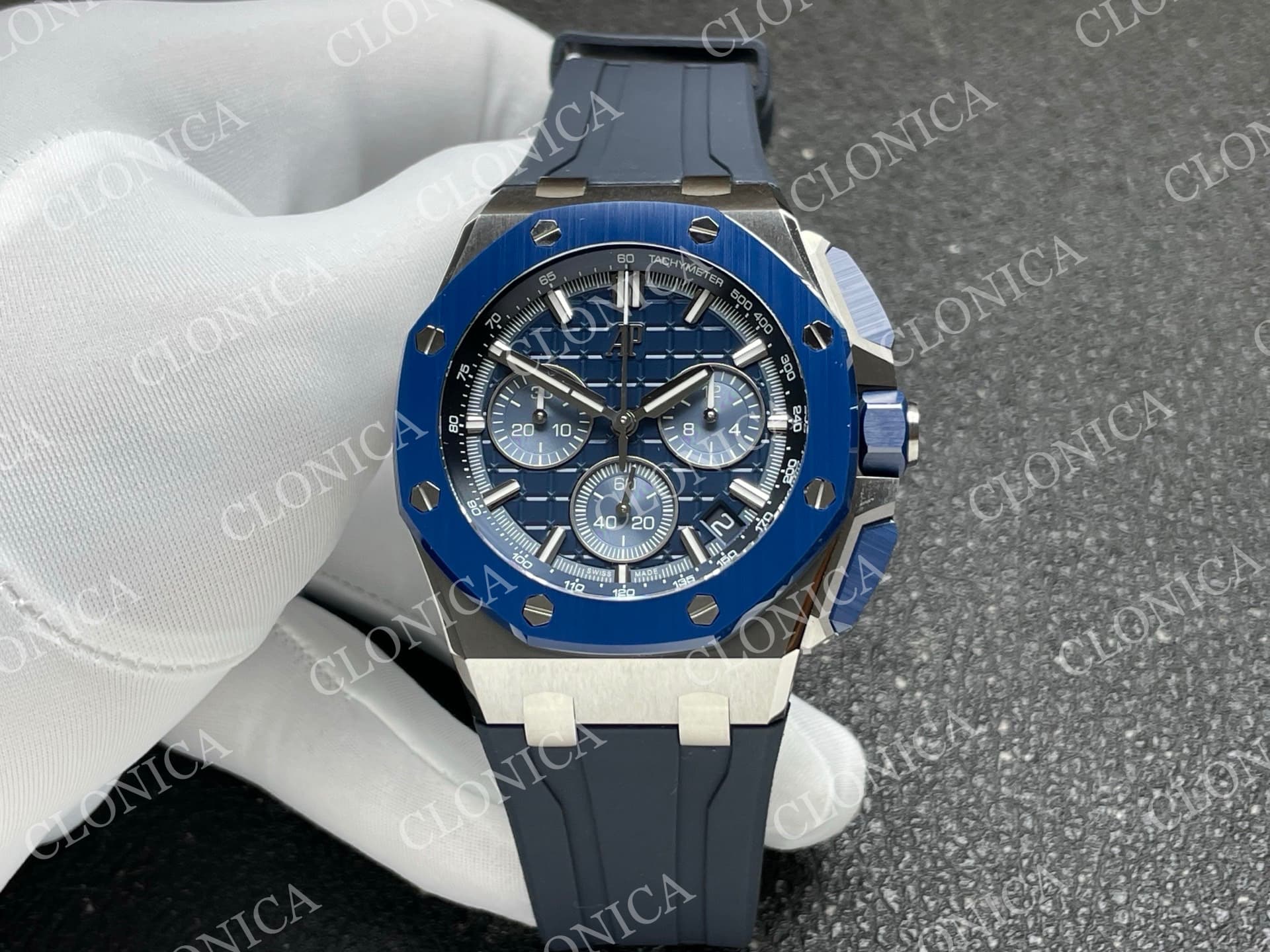 ROYAL OAK OFFSHORE 43MM 26420 BLUE CERAMIC BEZEL SS DDF 1:1 BLUE DIAL ON BLUE RUBBER STRAP DD4401 SUPER CLONE