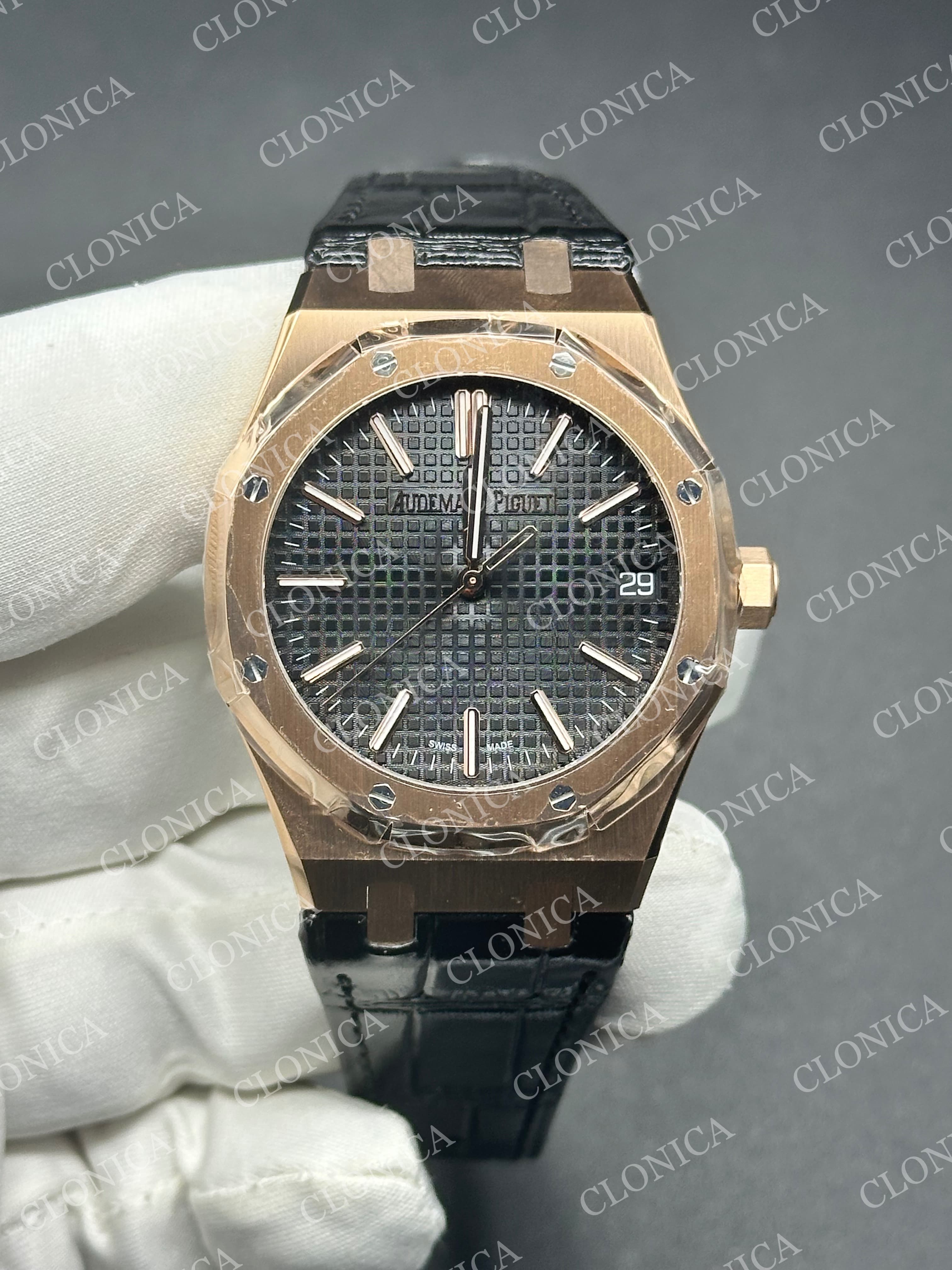 ROYAL OAK 41MM 15510 RG 1:1 BLACK TEXTURED DIAL ON LEATHER BRACELET SUPER CLONE A4302