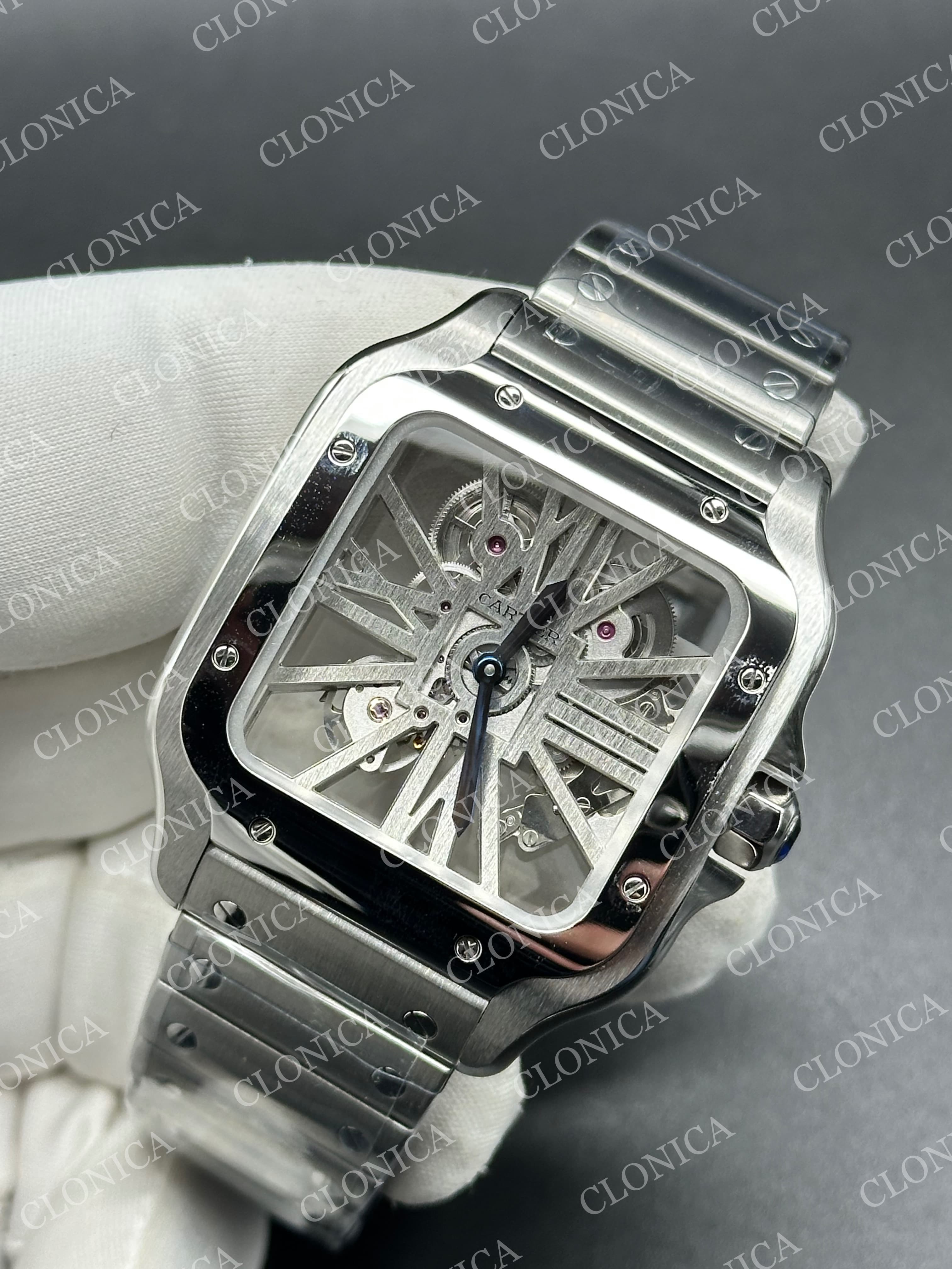 SANTOS DE CARTIER SKELETON SS SKELETON DIAL ON SS SMARTLINK BRACELET SUPER CLONE 9611MC — view 3