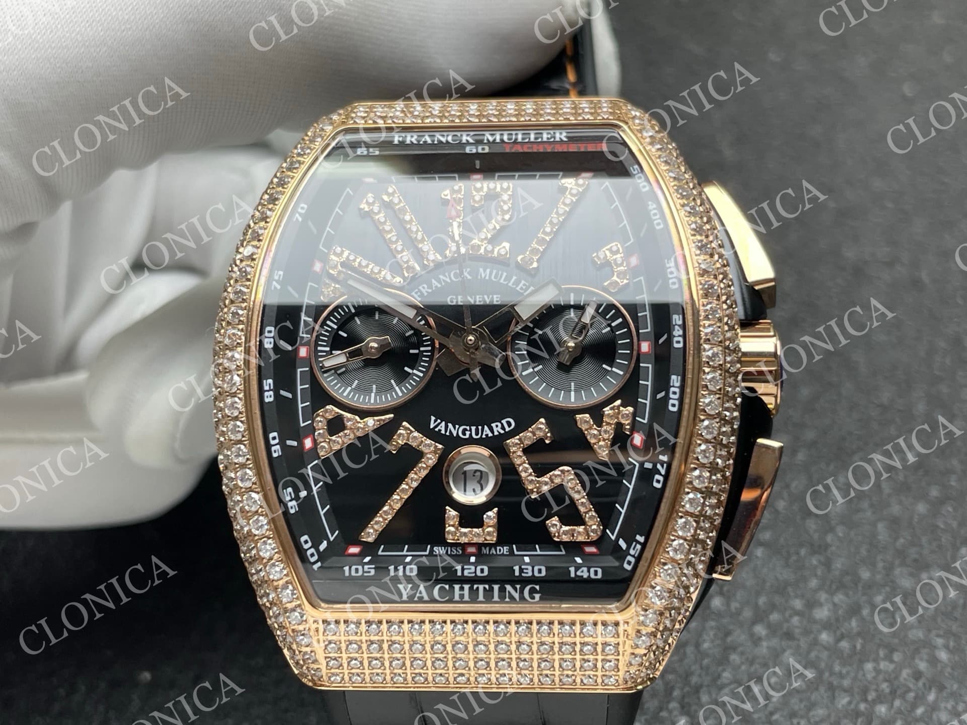 VANGUARD V45 CHRONO BRUSHED SS PAVE CRYSTALS BLACK DIAL — view 3