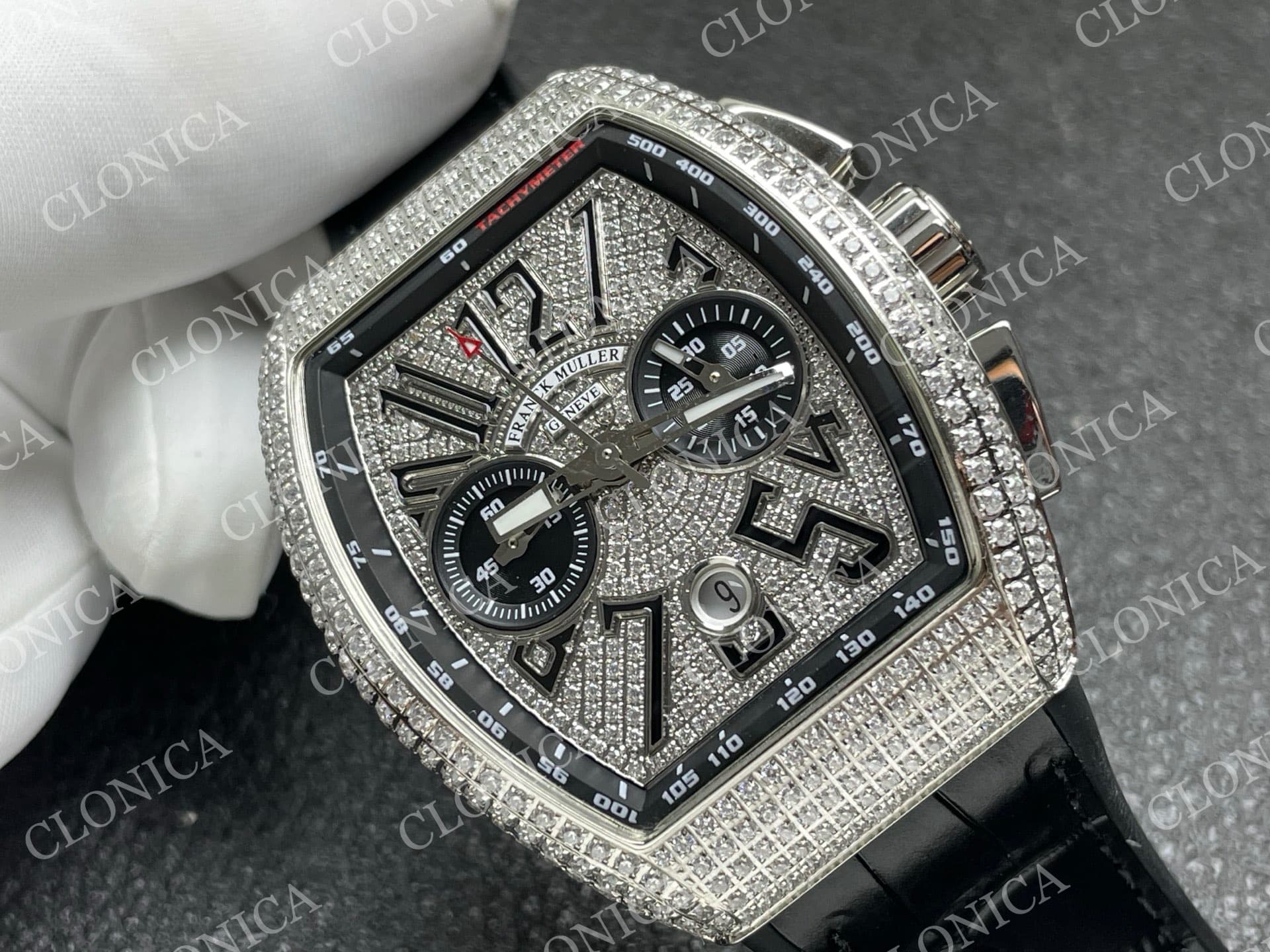 VANGUARD V45 CHRONO BRUSHED SS PAVE CRYSTALS DIAMOND DIAL — view 2