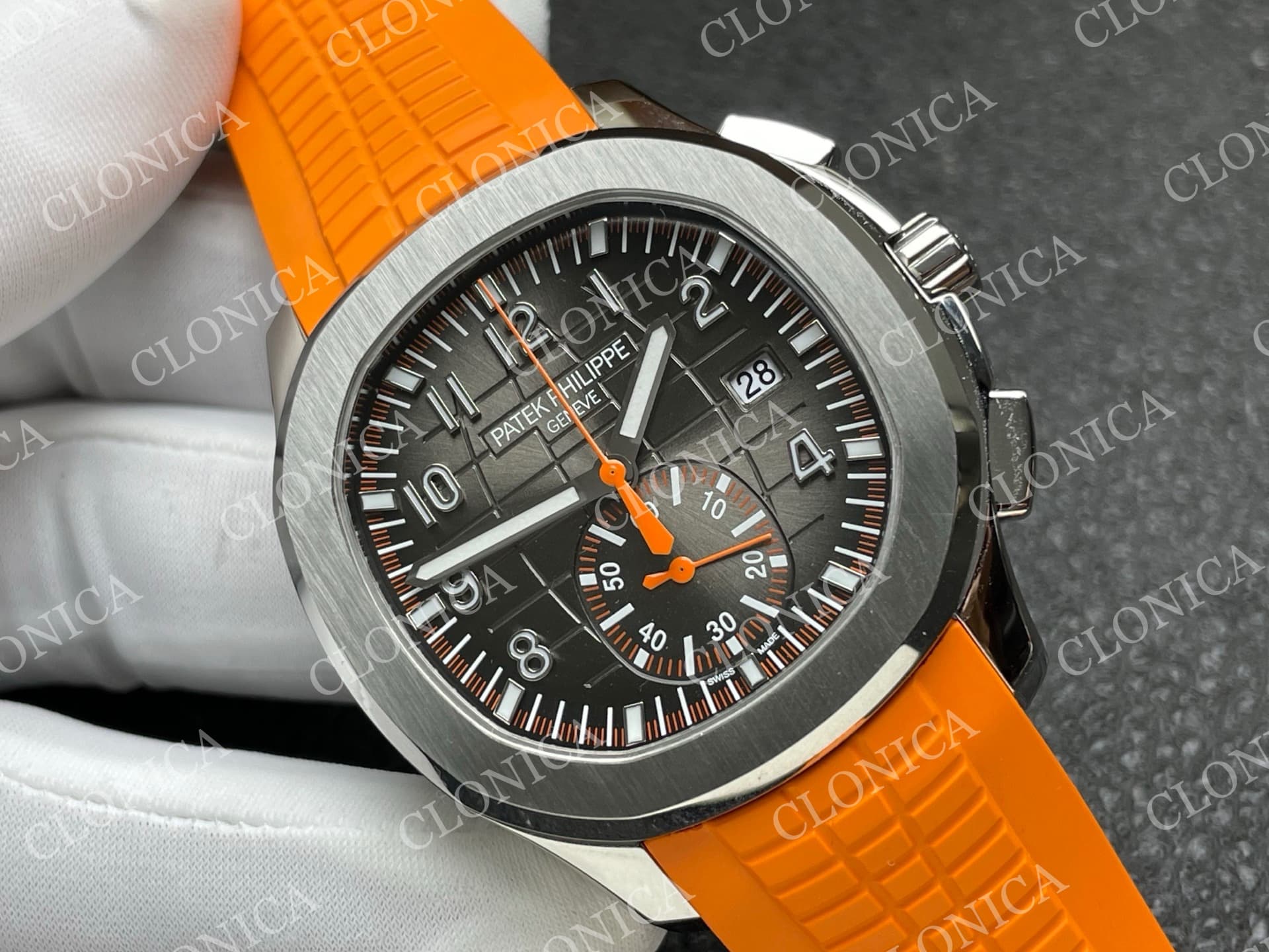 AQUANAUT 5968 SS GRAY DIAL ON ORANGE RUBBER STRAP — view 2