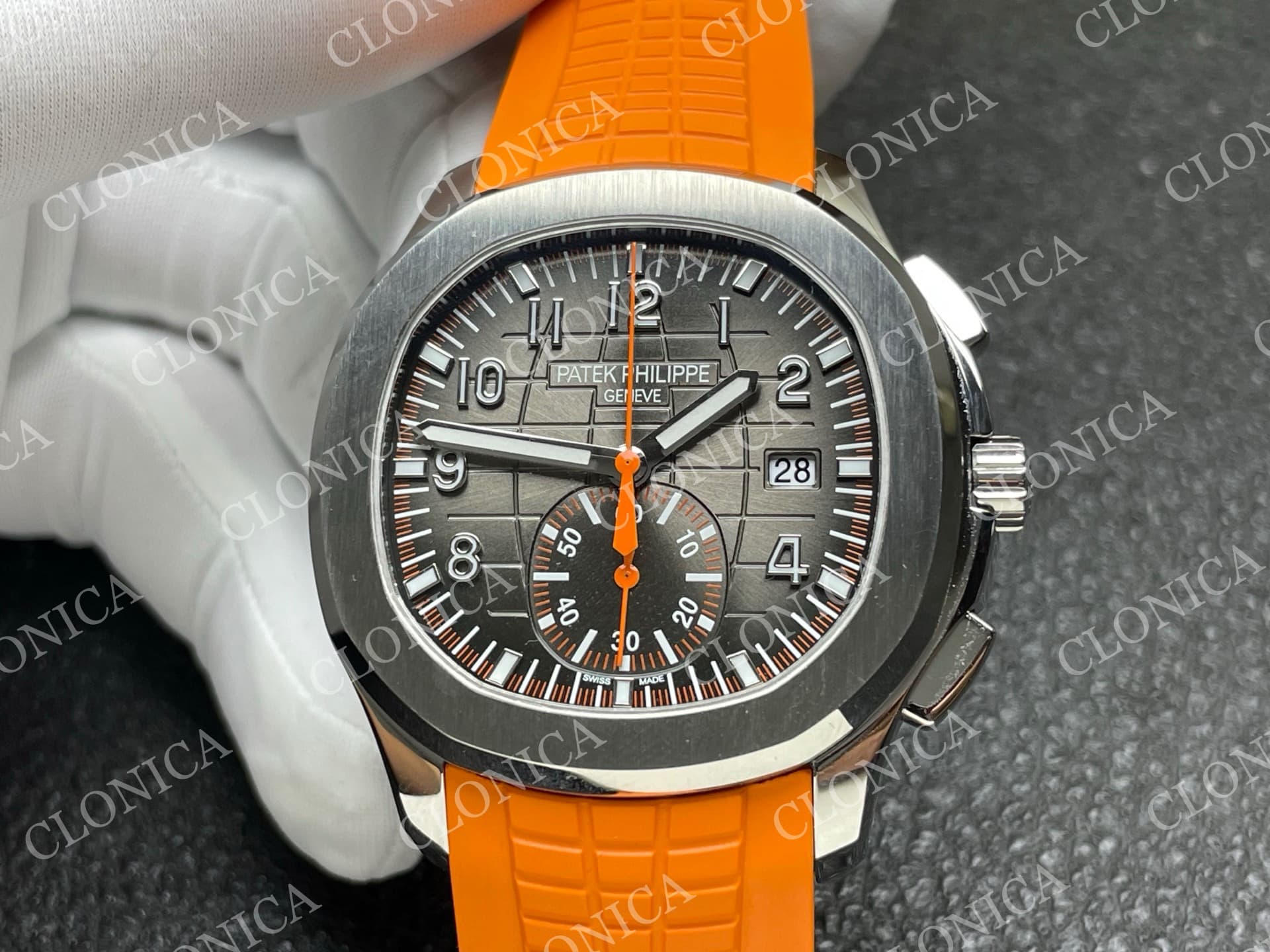 AQUANAUT 5968 SS GRAY DIAL ON ORANGE RUBBER STRAP — view 3