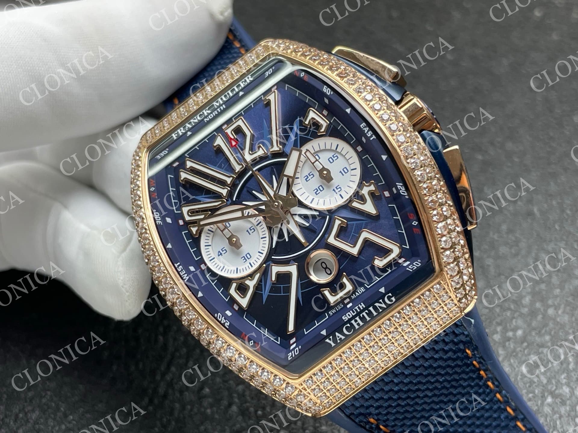 VANGUARD V45 CHRONO BRUSHED SS PAVE CRYSTALS BLUE DIAL — view 2