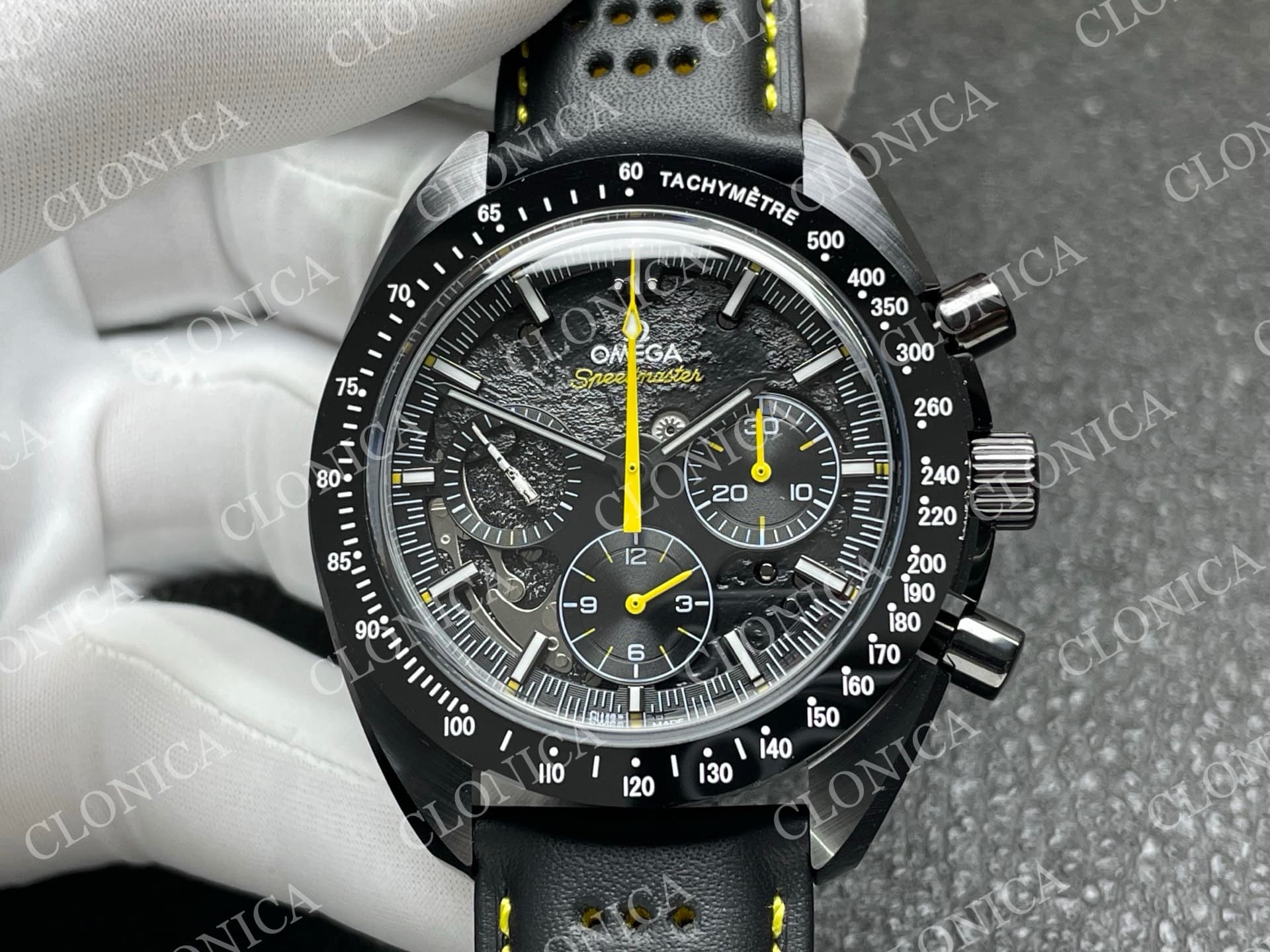 SPEEDMASTER 44MM CERAMIC BLACK SKELETON DIAL YELLOW HANDS ON BLACK LEATHER STRAP — view 3