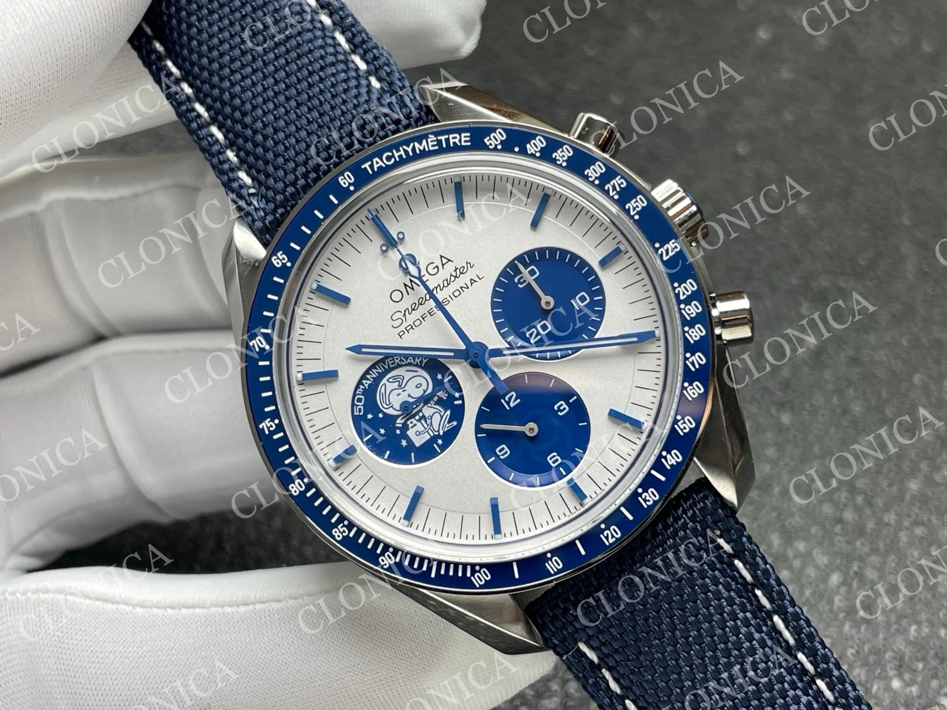 SPEEDMASTER PROFESSIONAL SNOOPY SS SILVER DIAL BLUE MARKER ON BLUE NYLON STRAP A3861 — view 2