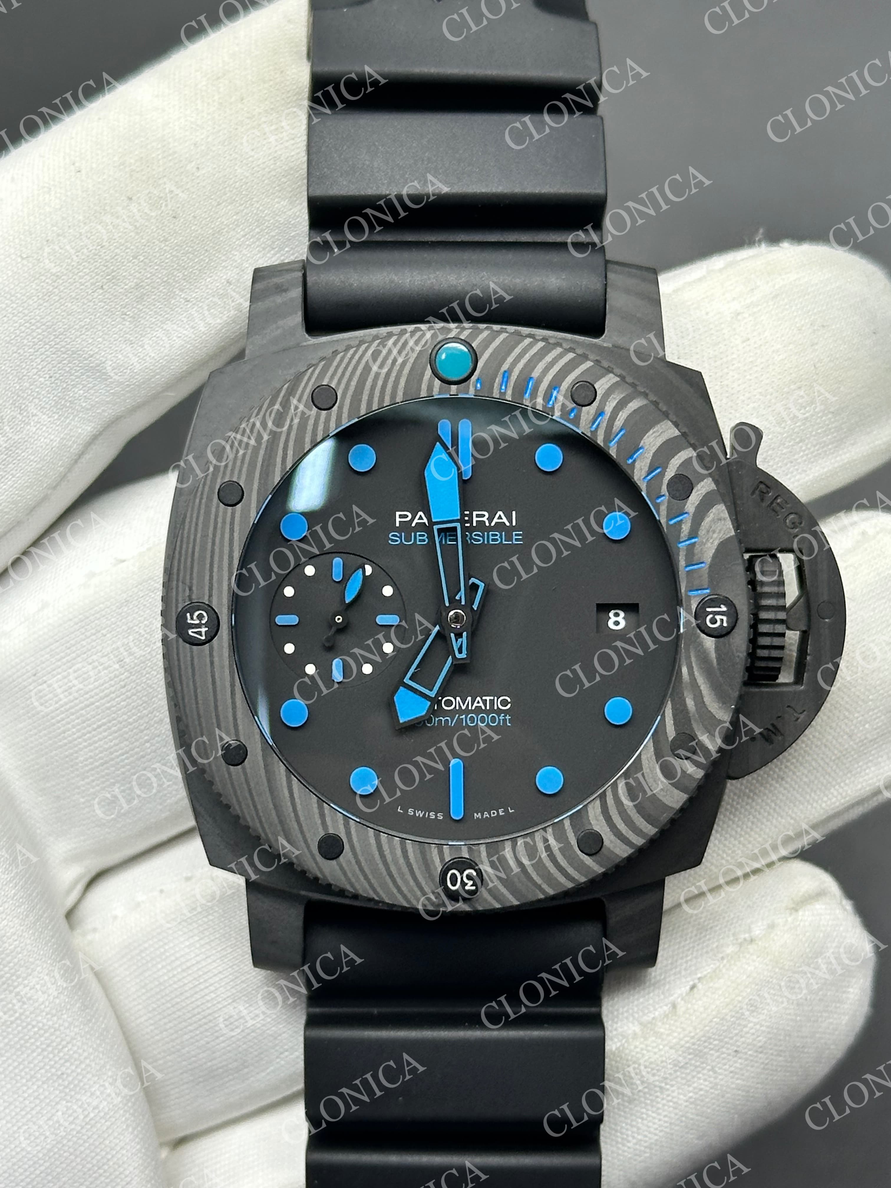 PAM960 CARBOTECH 42MM BLACK DIAL BLUE MARKERS ON RUBBER STRAP P.9010 CLONE