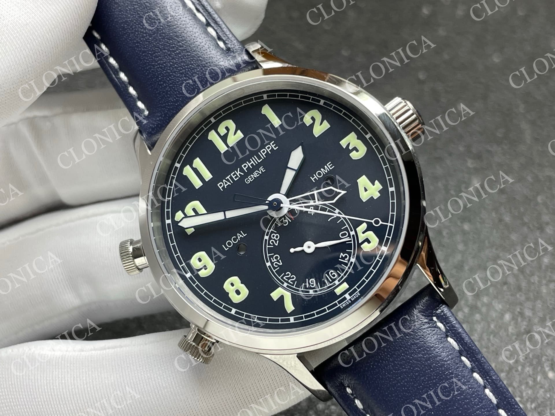 CALAVATRA TRAVEL TIME 5524 SS BLUE DIAL ON BLUE LEATHER STRAP — view 2