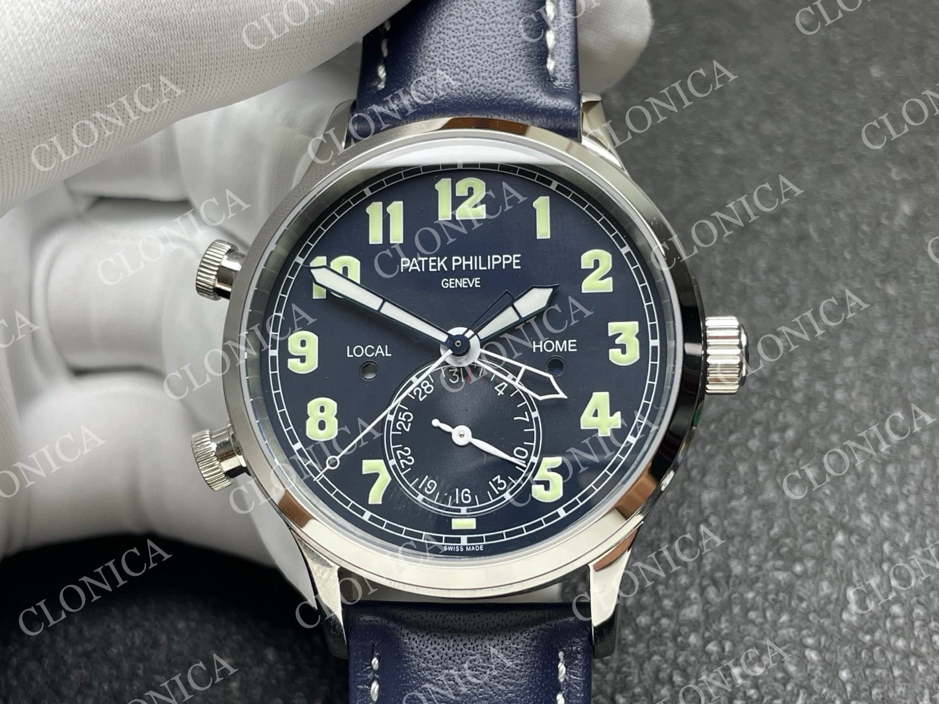 CALAVATRA TRAVEL TIME 5524 SS BLUE DIAL ON BLUE LEATHER STRAP — view 3