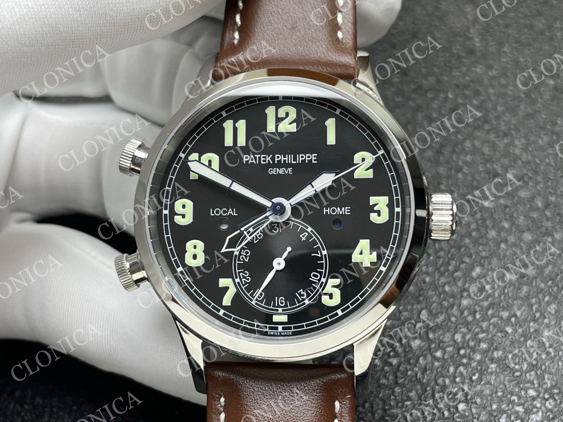 CALAVATRA TRAVEL TIME 5524 SS BLACK DIAL ON BROWN LEATHER STRAP — view 3