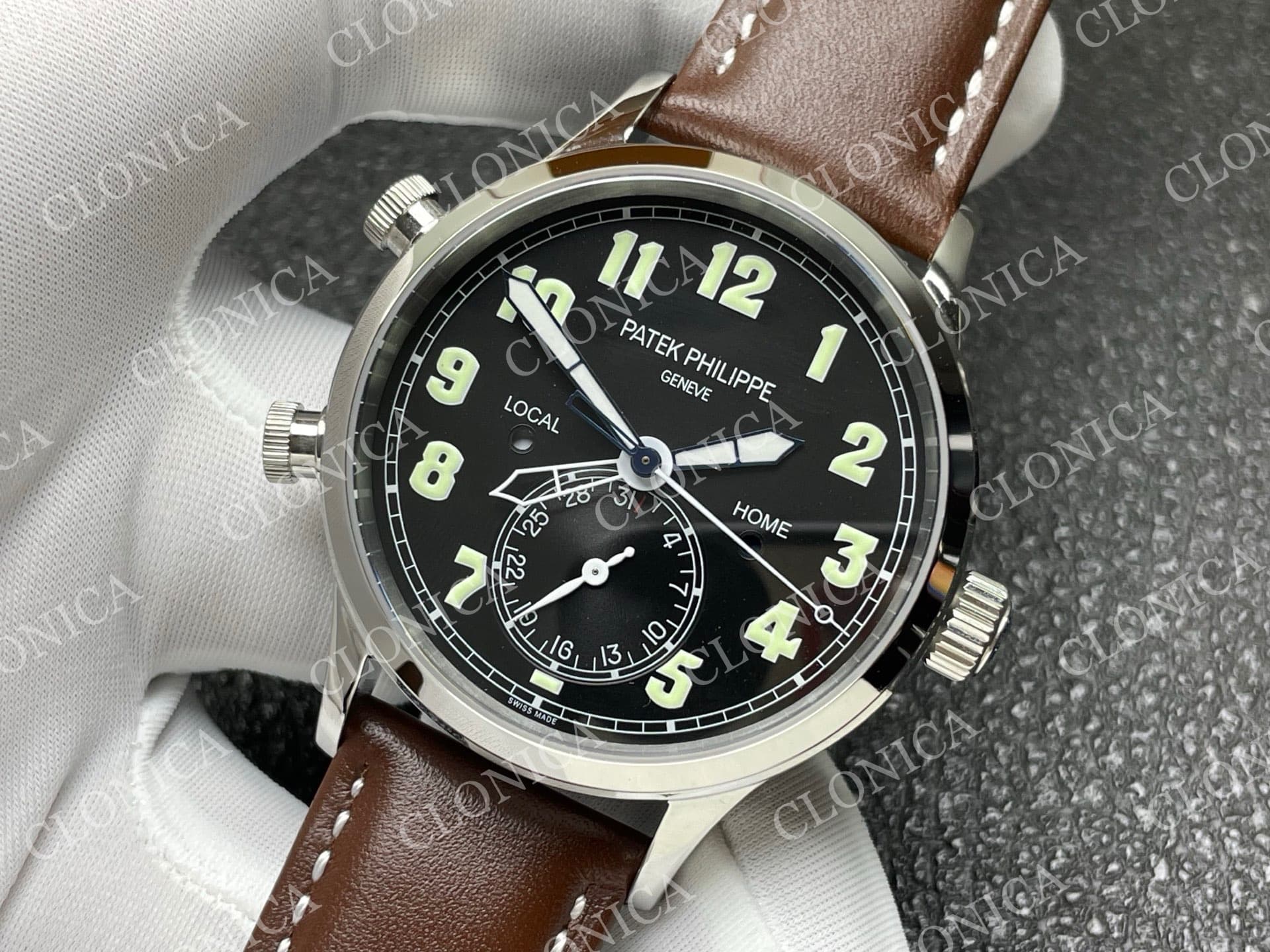 CALAVATRA TRAVEL TIME 5524 SS BLACK DIAL ON BROWN LEATHER STRAP — view 4