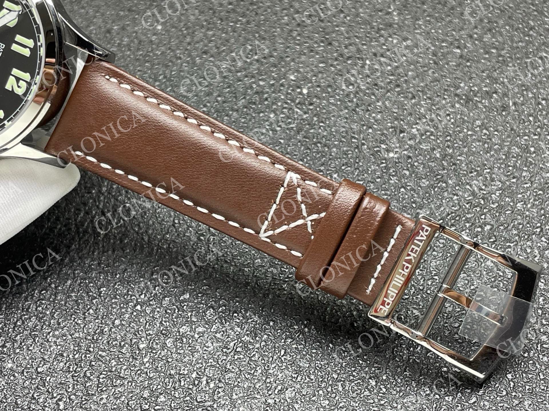 CALAVATRA TRAVEL TIME 5524 SS BLACK DIAL ON BROWN LEATHER STRAP — view 5