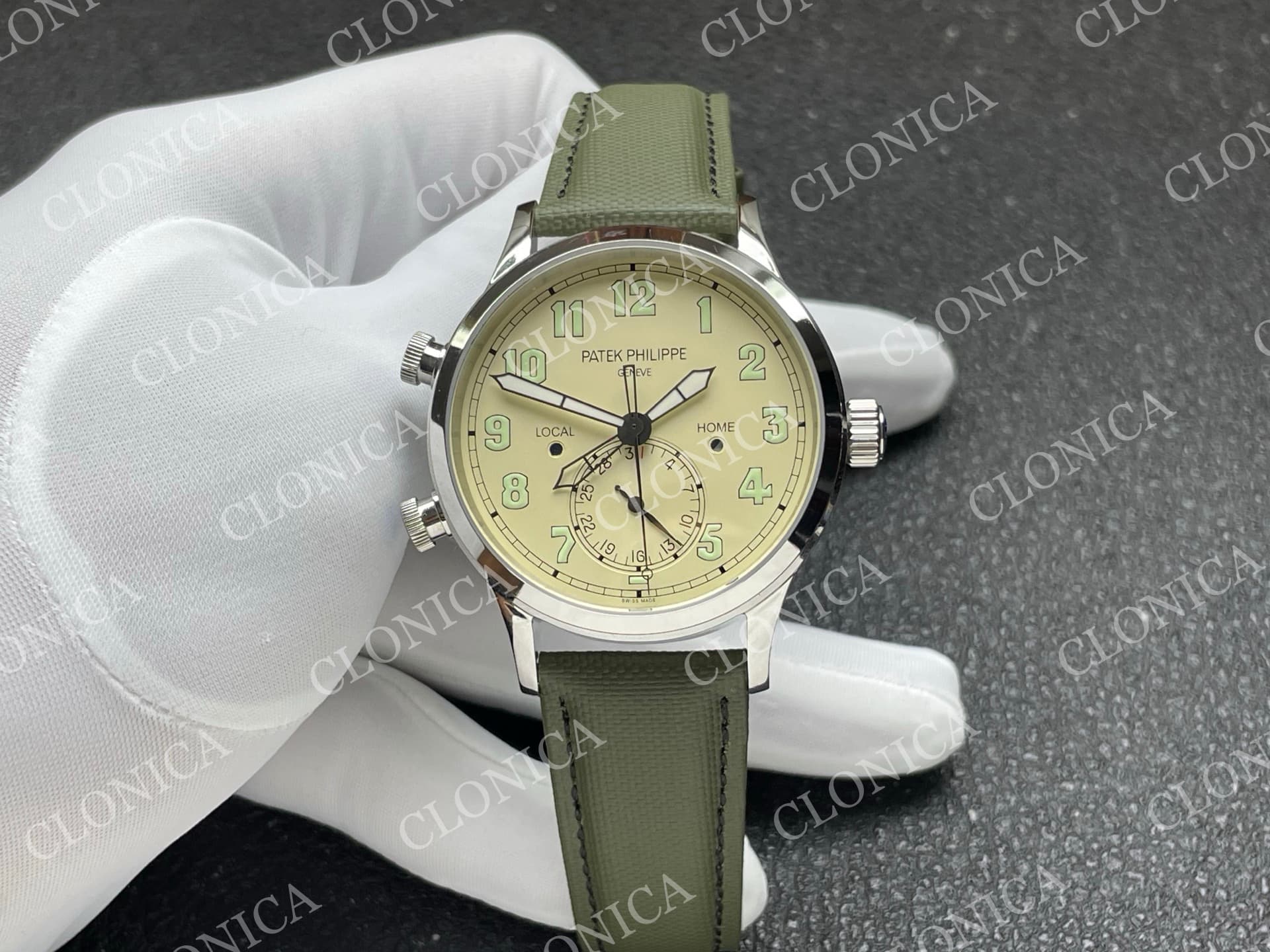 CALAVATRA TRAVEL TIME 5524 SS BEIGE DIAL ON GREEN LEATHER STRAP — view 1