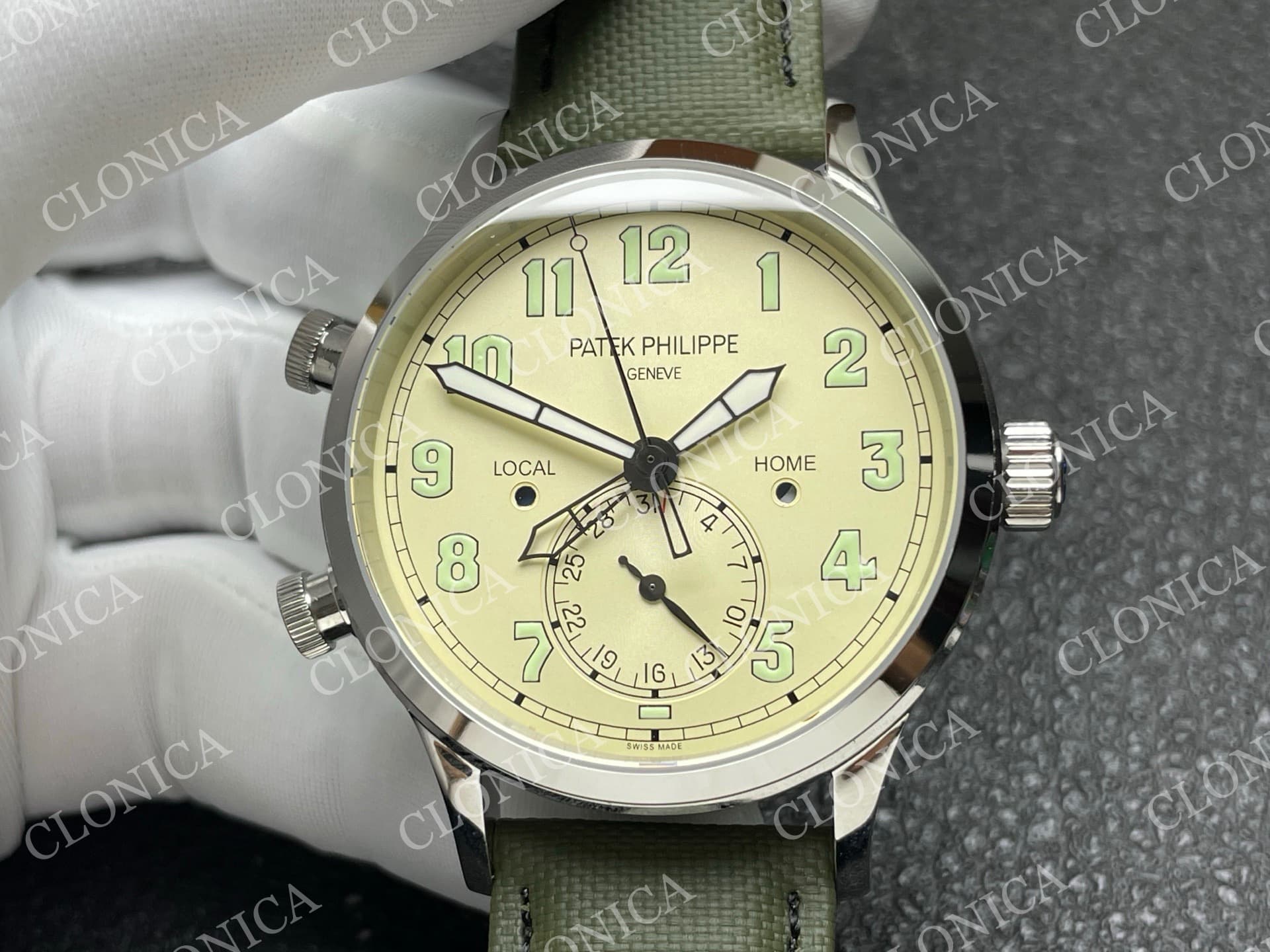 CALAVATRA TRAVEL TIME 5524 SS BEIGE DIAL ON GREEN LEATHER STRAP — view 3