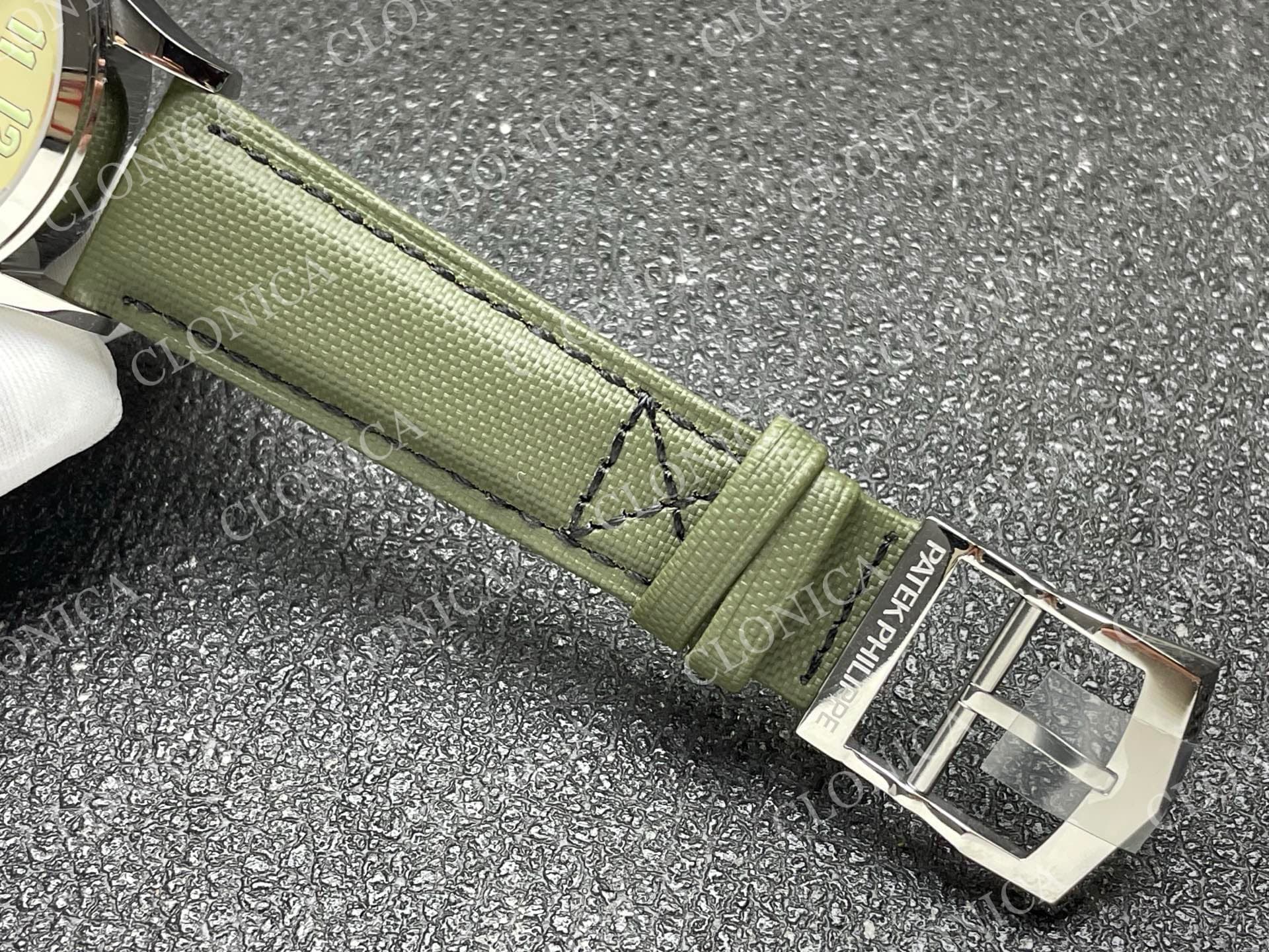 CALAVATRA TRAVEL TIME 5524 SS BEIGE DIAL ON GREEN LEATHER STRAP — view 5