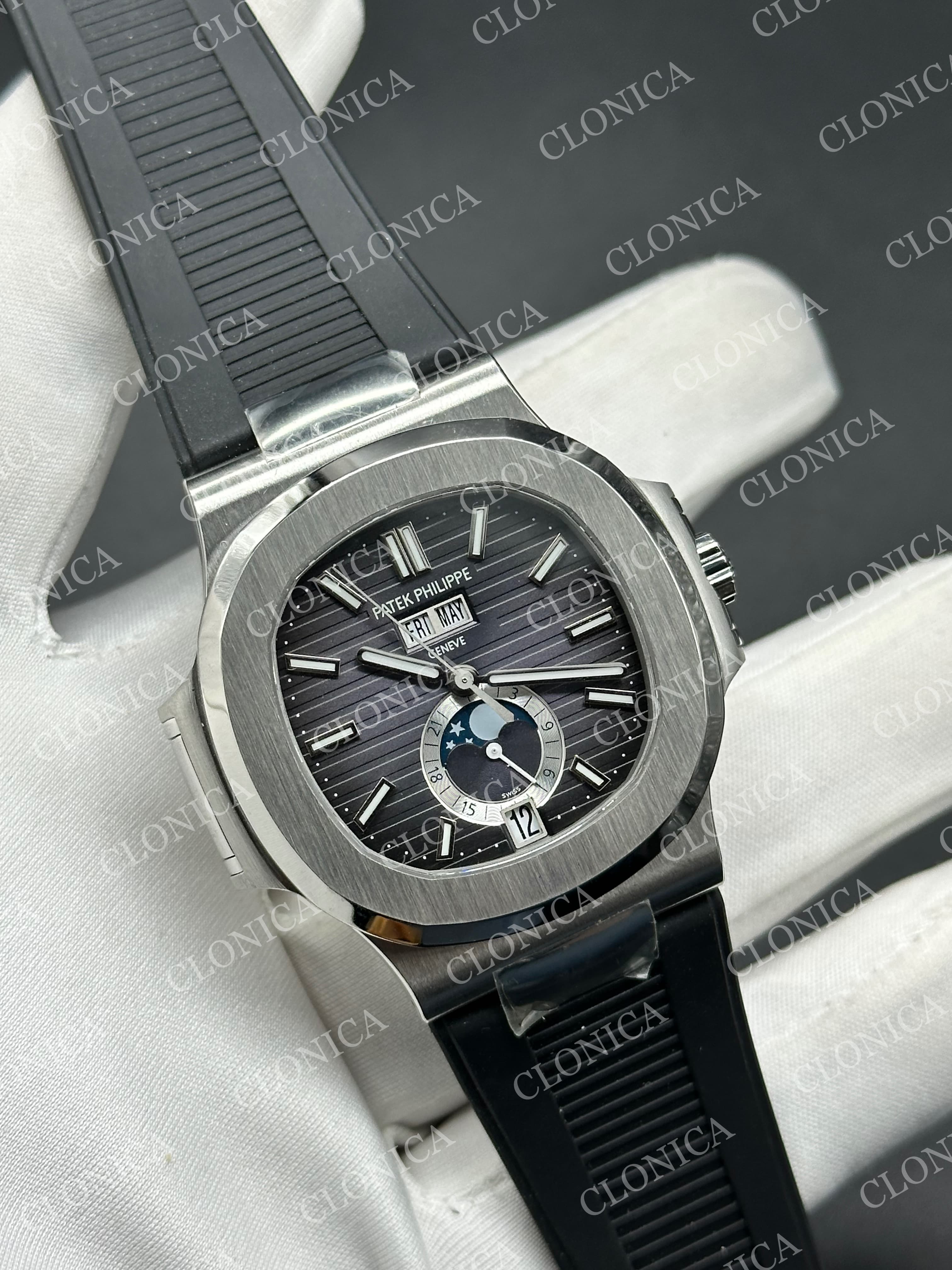 NAUTILUS 5726 FULL FUNCTION SS GRAY DIAL ON BLACK RUBBER STRAP — view 2