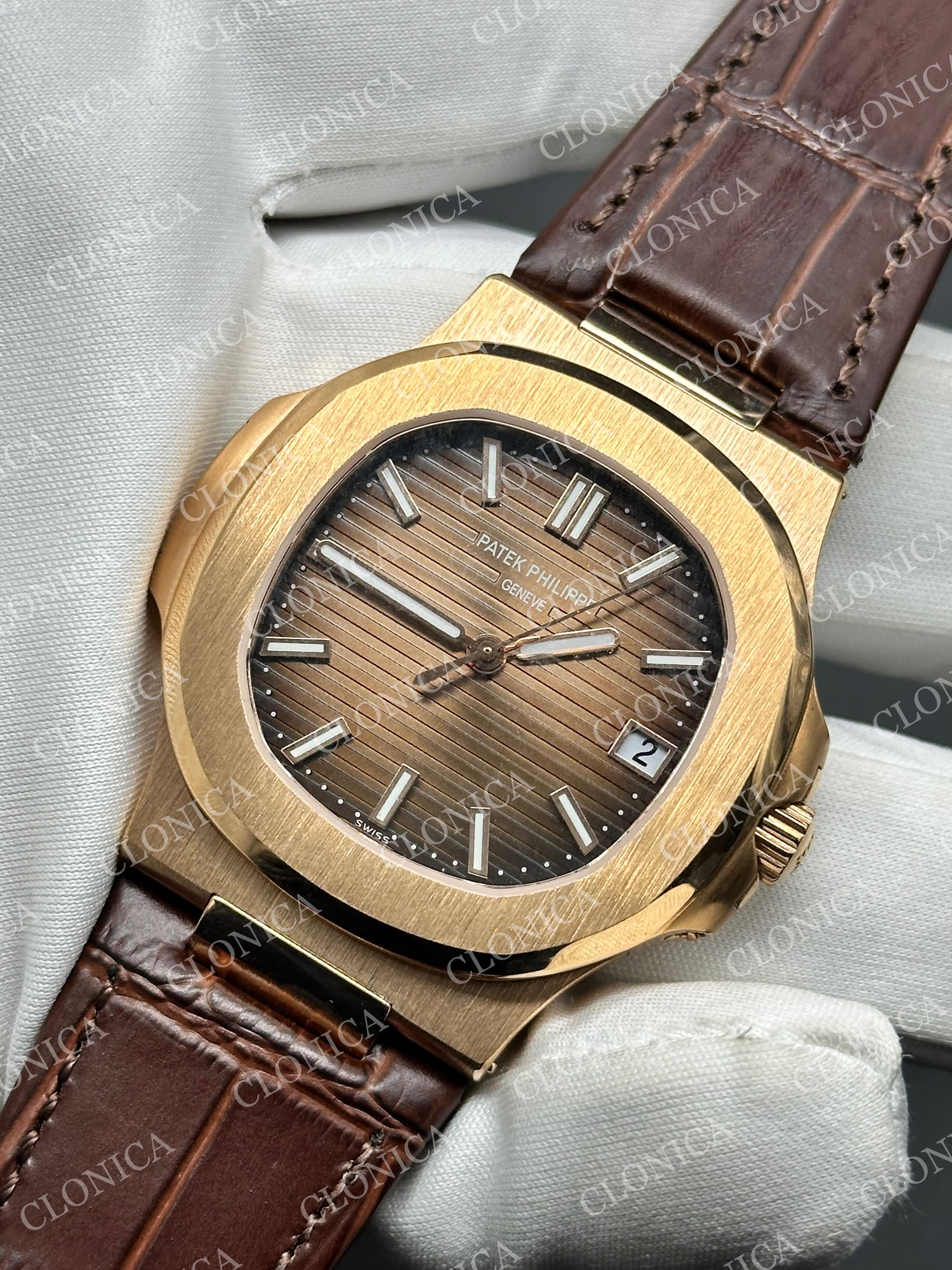 NAUTILUS 5711 BROWN TEXTURED DIAL ON BLACK LEATHER STRAP — view 3