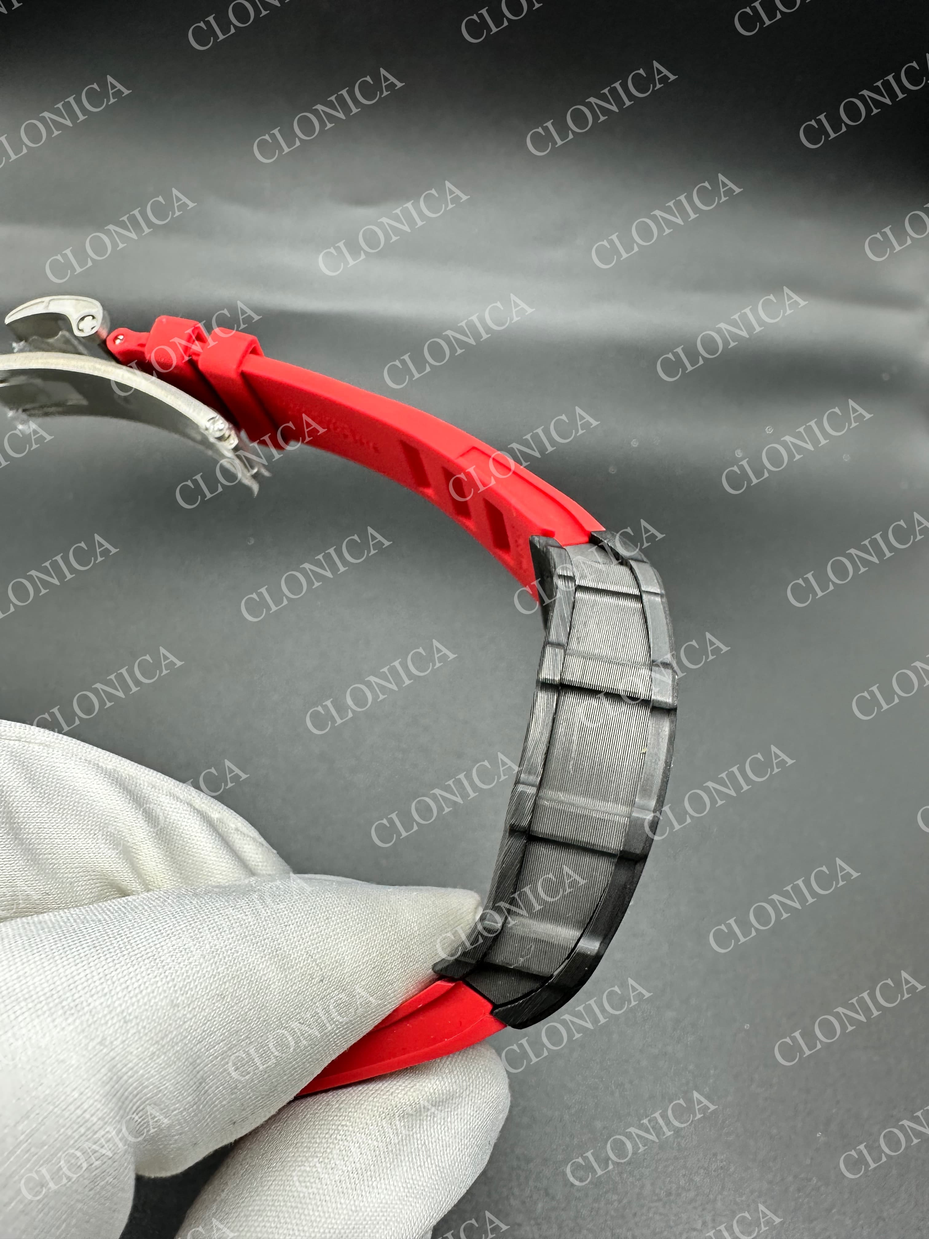 RM035-02 BLACK NTPT RED CROWN SKELETON DIAL ON RED RUBBER STRAP RMAL1 SUPER CLONE — view 4