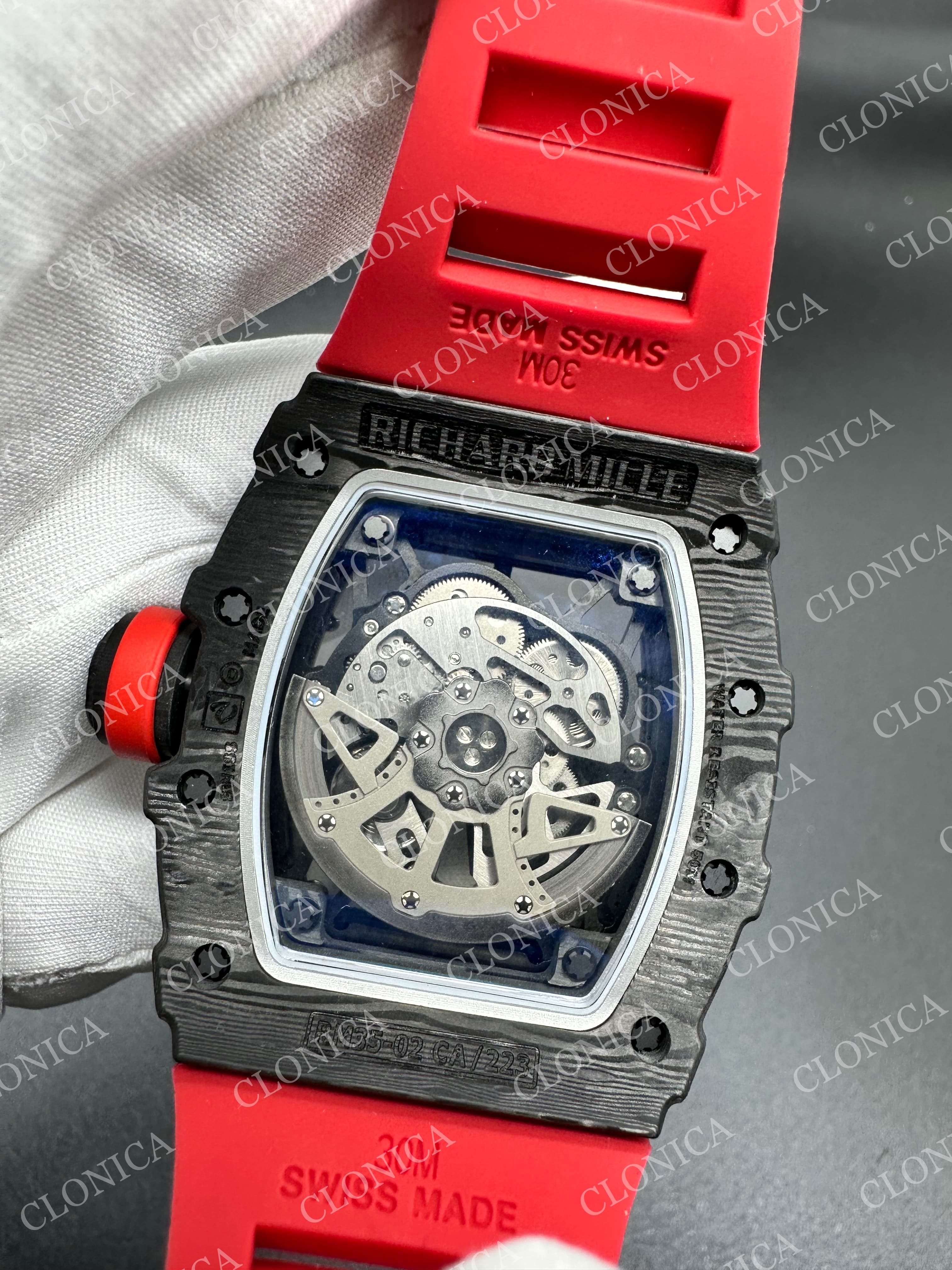 RM035-02 BLACK NTPT RED CROWN SKELETON DIAL ON RED RUBBER STRAP RMAL1 SUPER CLONE — view 6