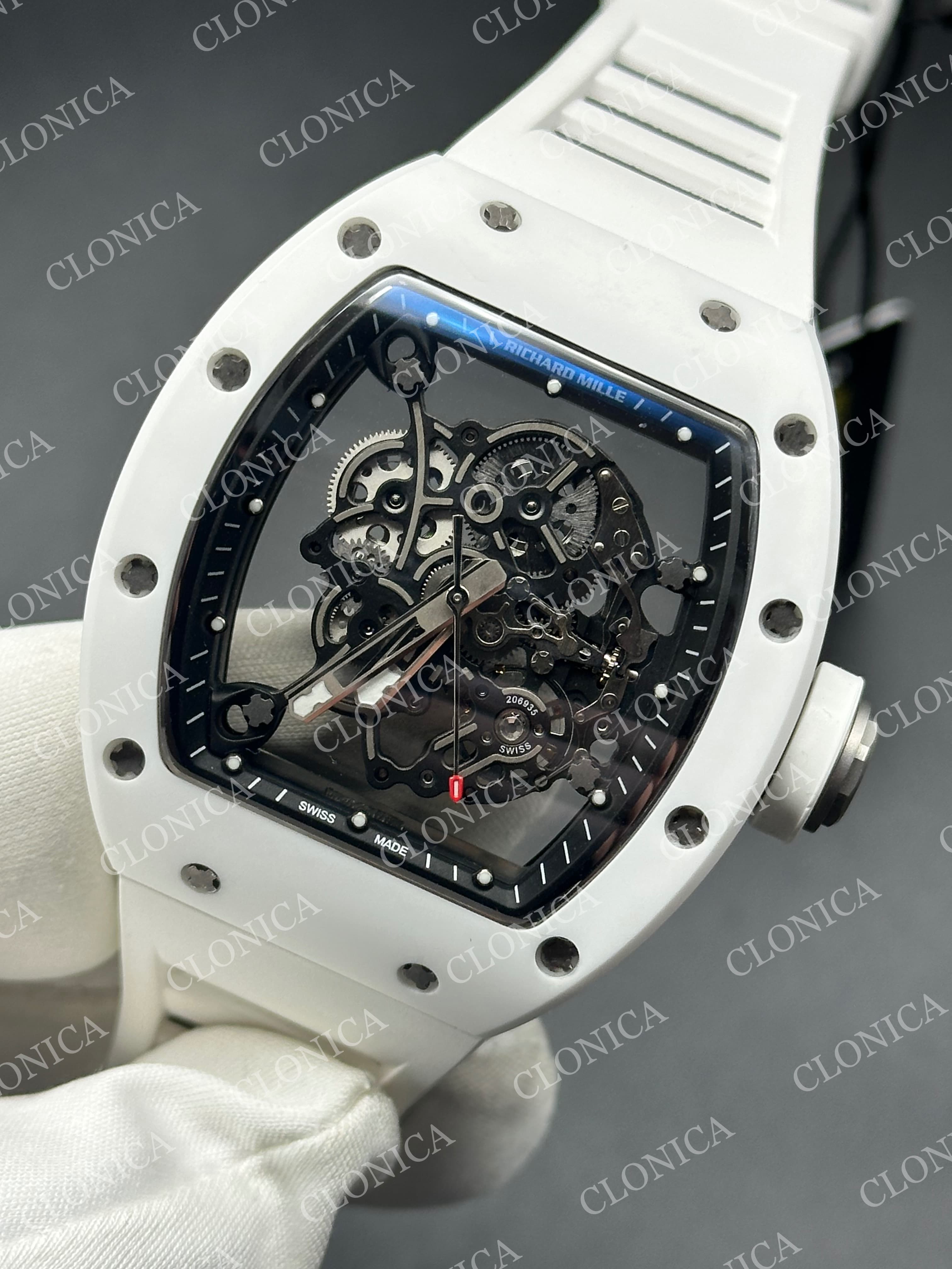 RM055 WHITE CERAMIC BLACK INNER BEZEL ON WHITE RUBBER STRAP RMUL2 — view 2
