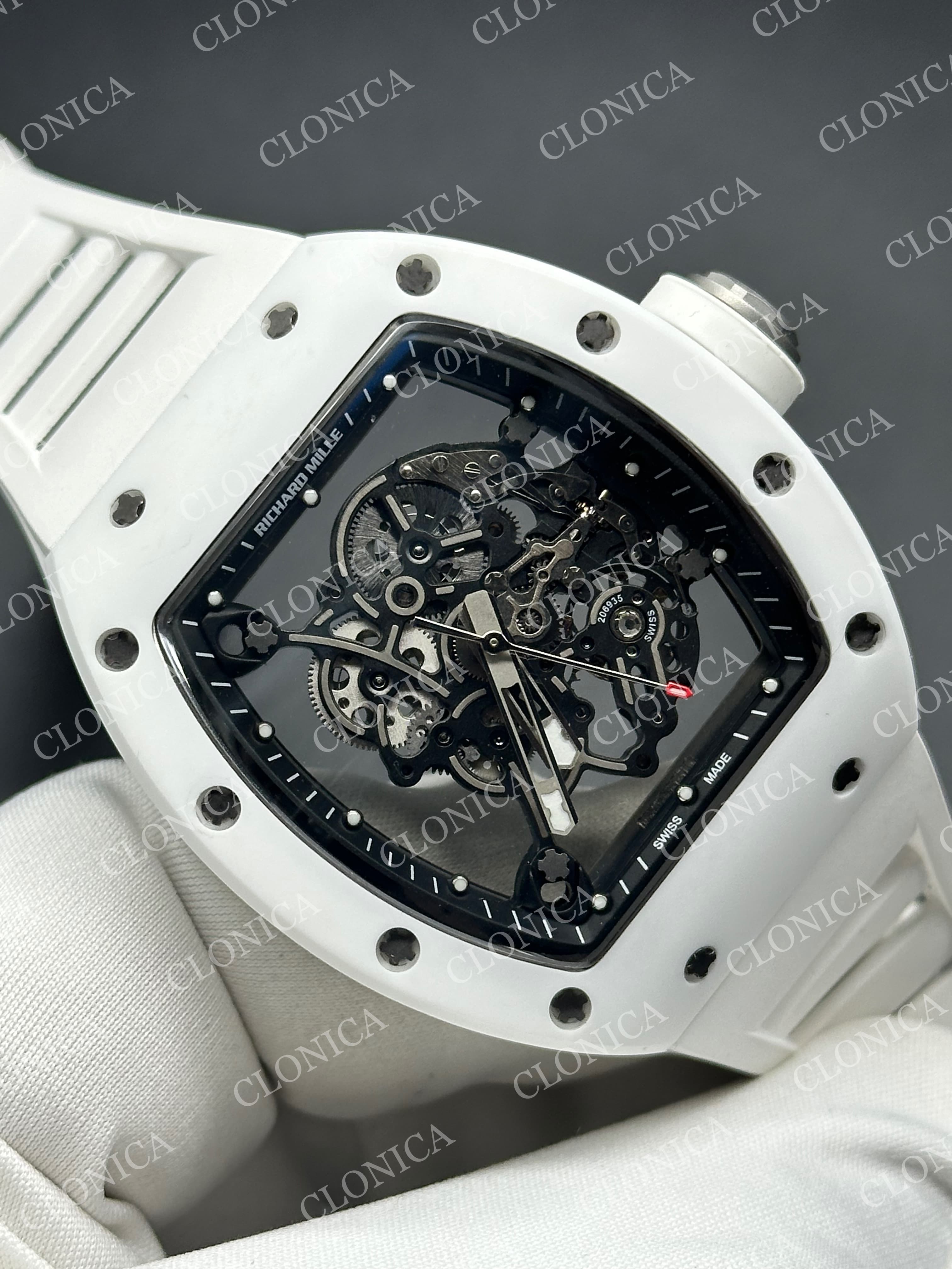 RM055 WHITE CERAMIC BLACK INNER BEZEL ON WHITE RUBBER STRAP RMUL2 — view 3