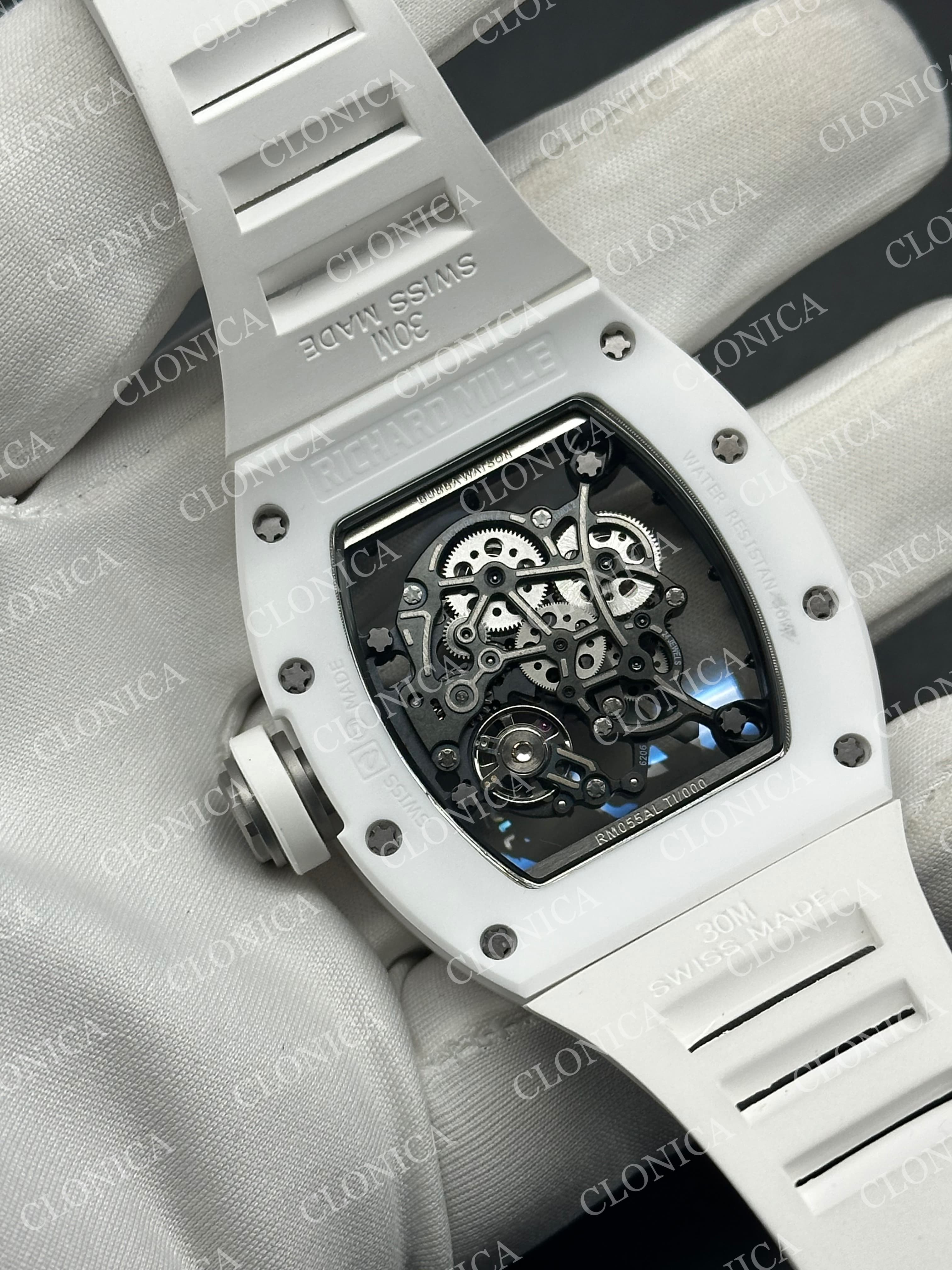 RM055 WHITE CERAMIC BLACK INNER BEZEL ON WHITE RUBBER STRAP RMUL2 — view 6