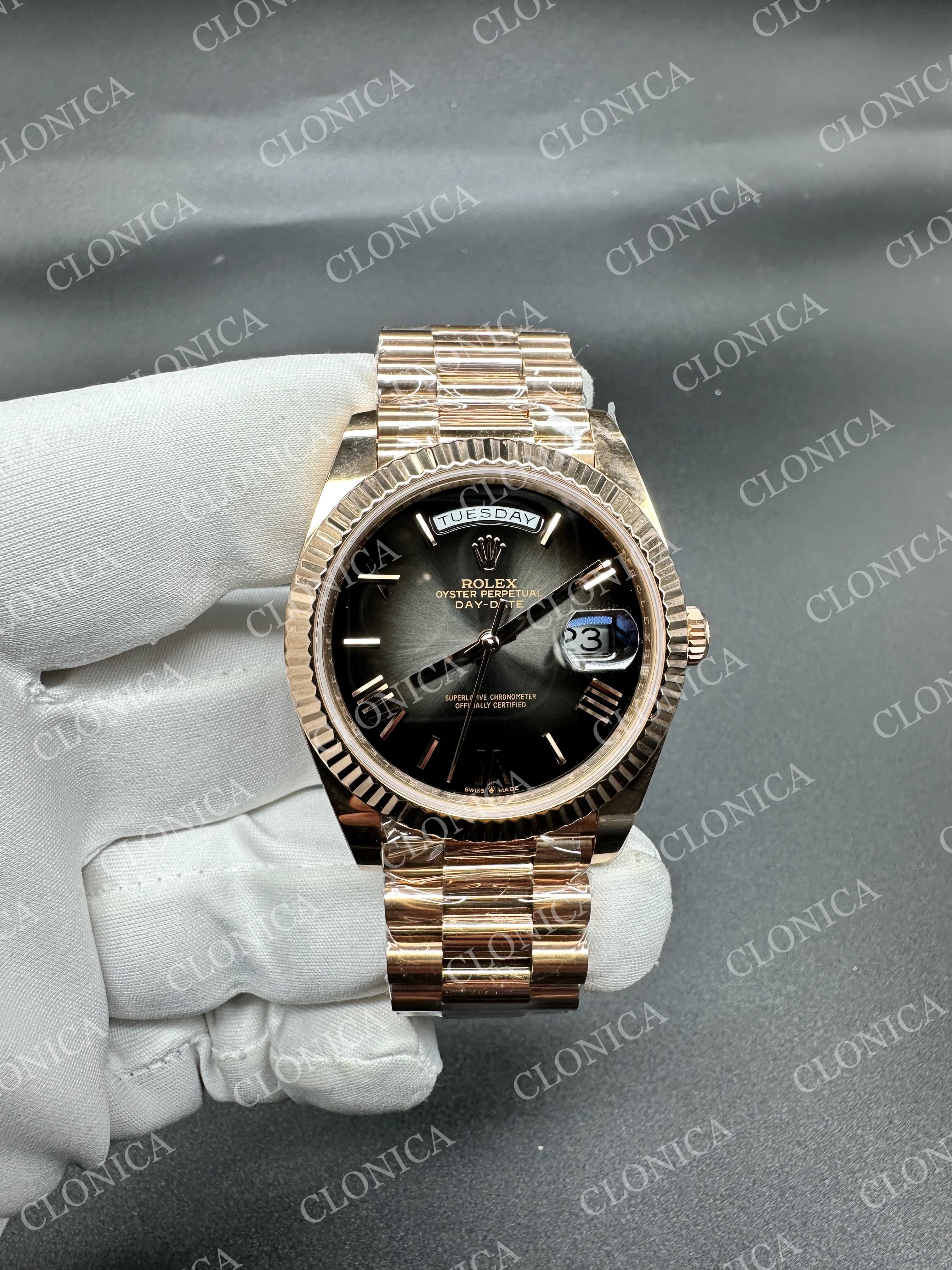 DAY DATE 128235 GAIN WEIGHT RG BLACK OMBRE DIAL ROMAN MARKERS ON RG PRESIDENT BRACELET — view 1