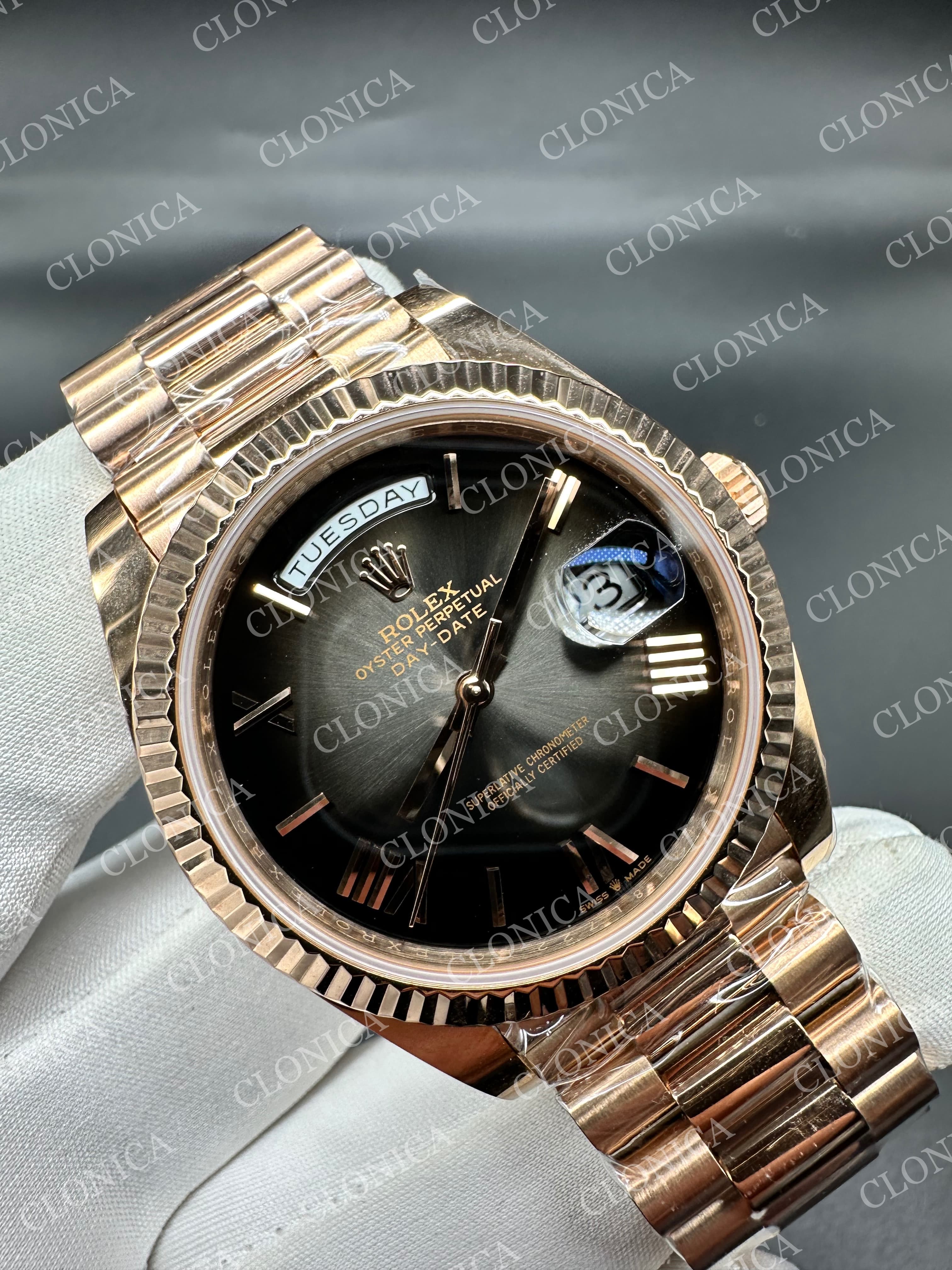 DAY DATE 128235 GAIN WEIGHT RG BLACK OMBRE DIAL ROMAN MARKERS ON RG PRESIDENT BRACELET — view 2