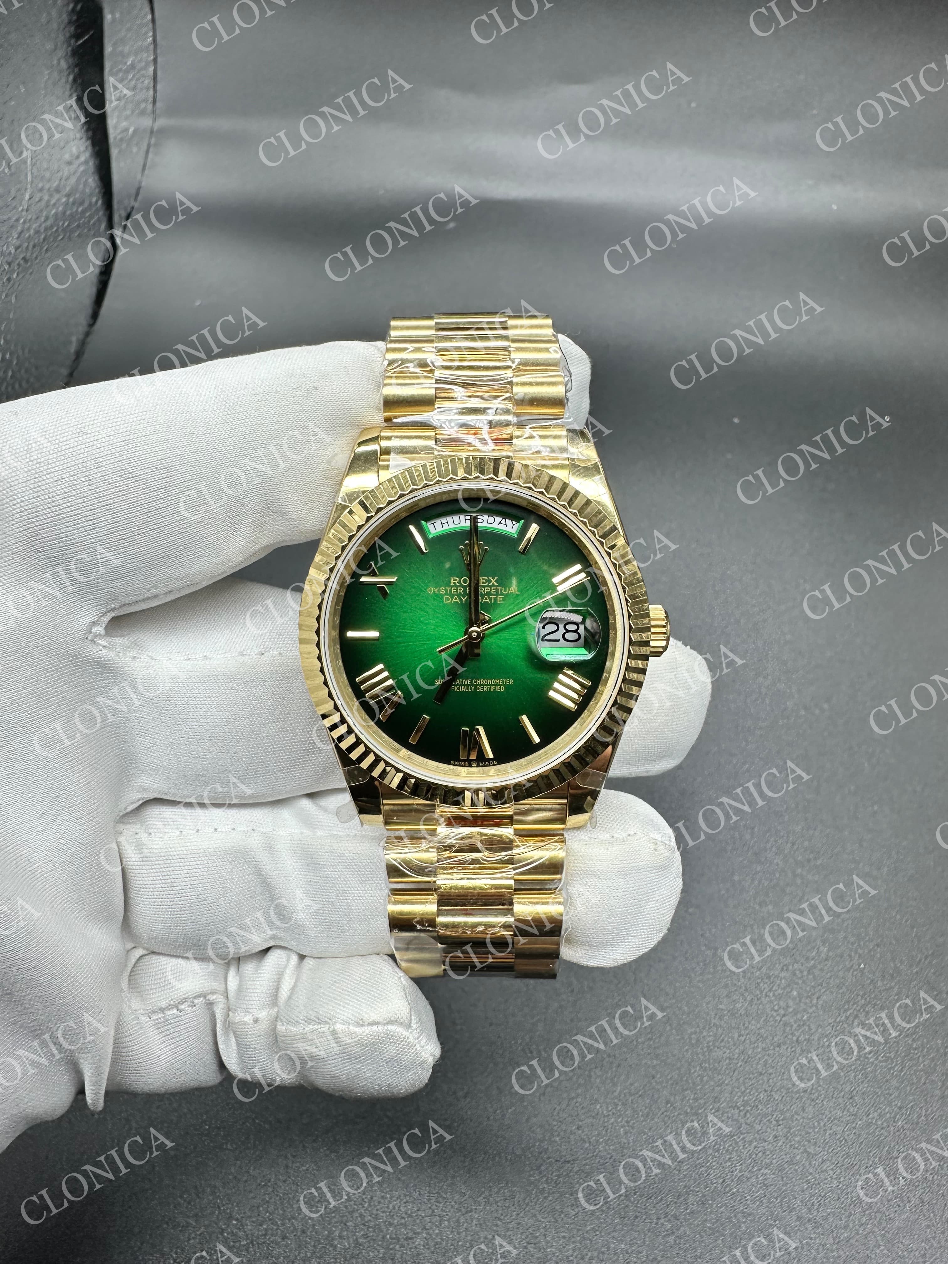DAY DATE 228238 40MM GAIN WEIGHT GREEN OMBRE DIAL ROMAN MARKER ON YG PRESIDENT BRACELET — view 1