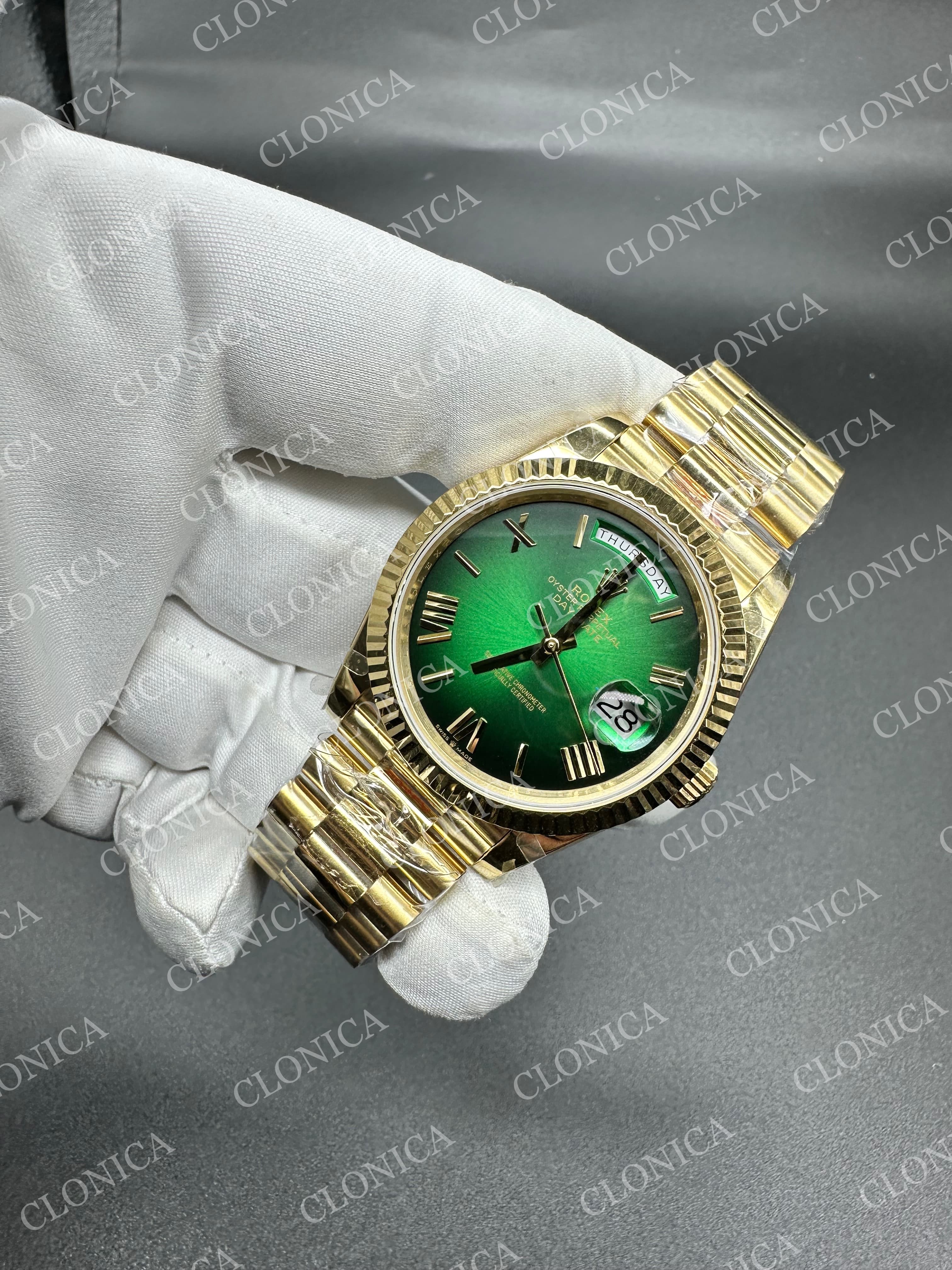 DAY DATE 228238 40MM GAIN WEIGHT GREEN OMBRE DIAL ROMAN MARKER ON YG PRESIDENT BRACELET — view 3