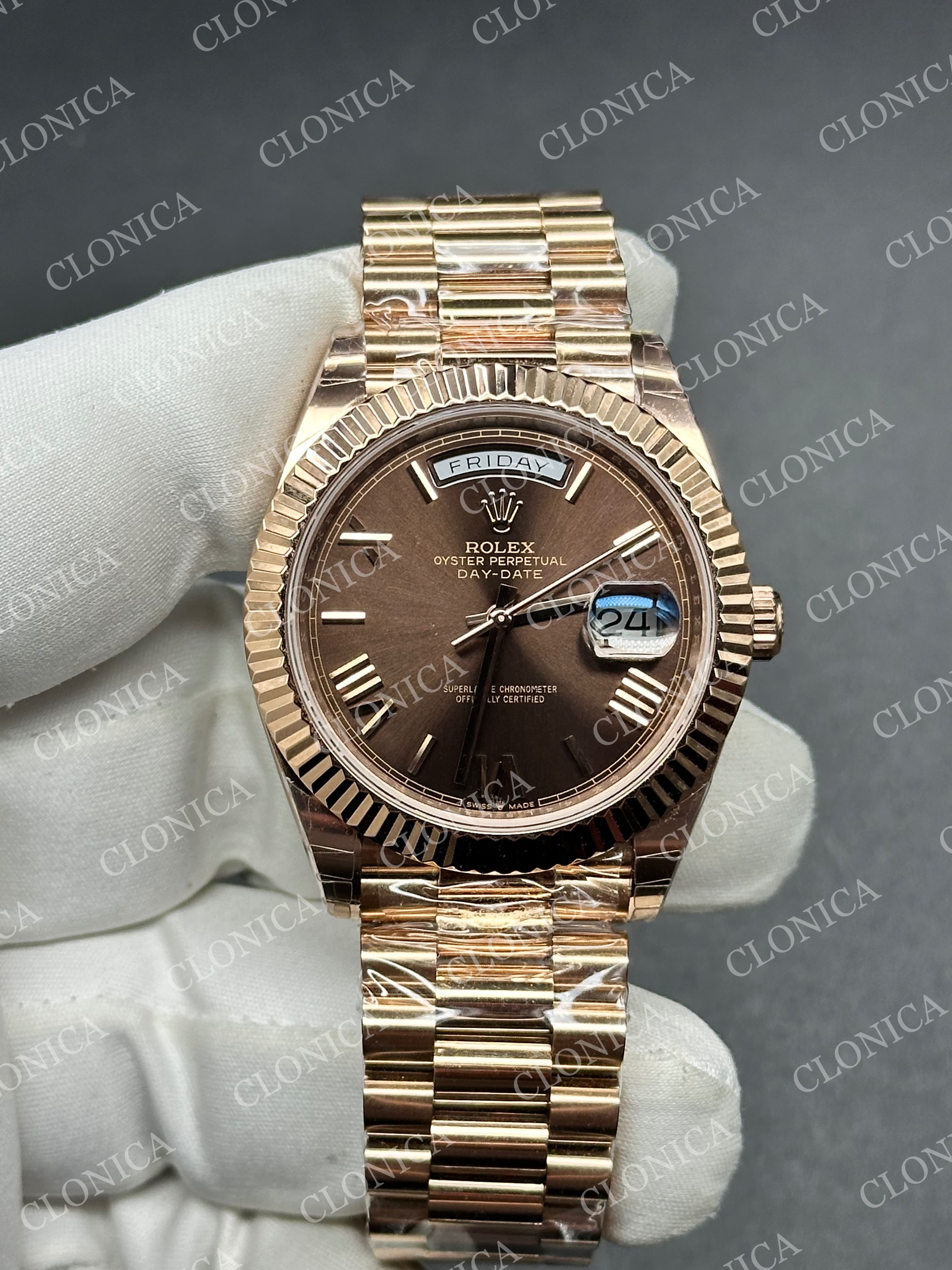 DAY DATE 128235 GAIN WEIGHT RG BROWN DIAL ROMAN MARKERS ON RG PRESIDENT BRACELET