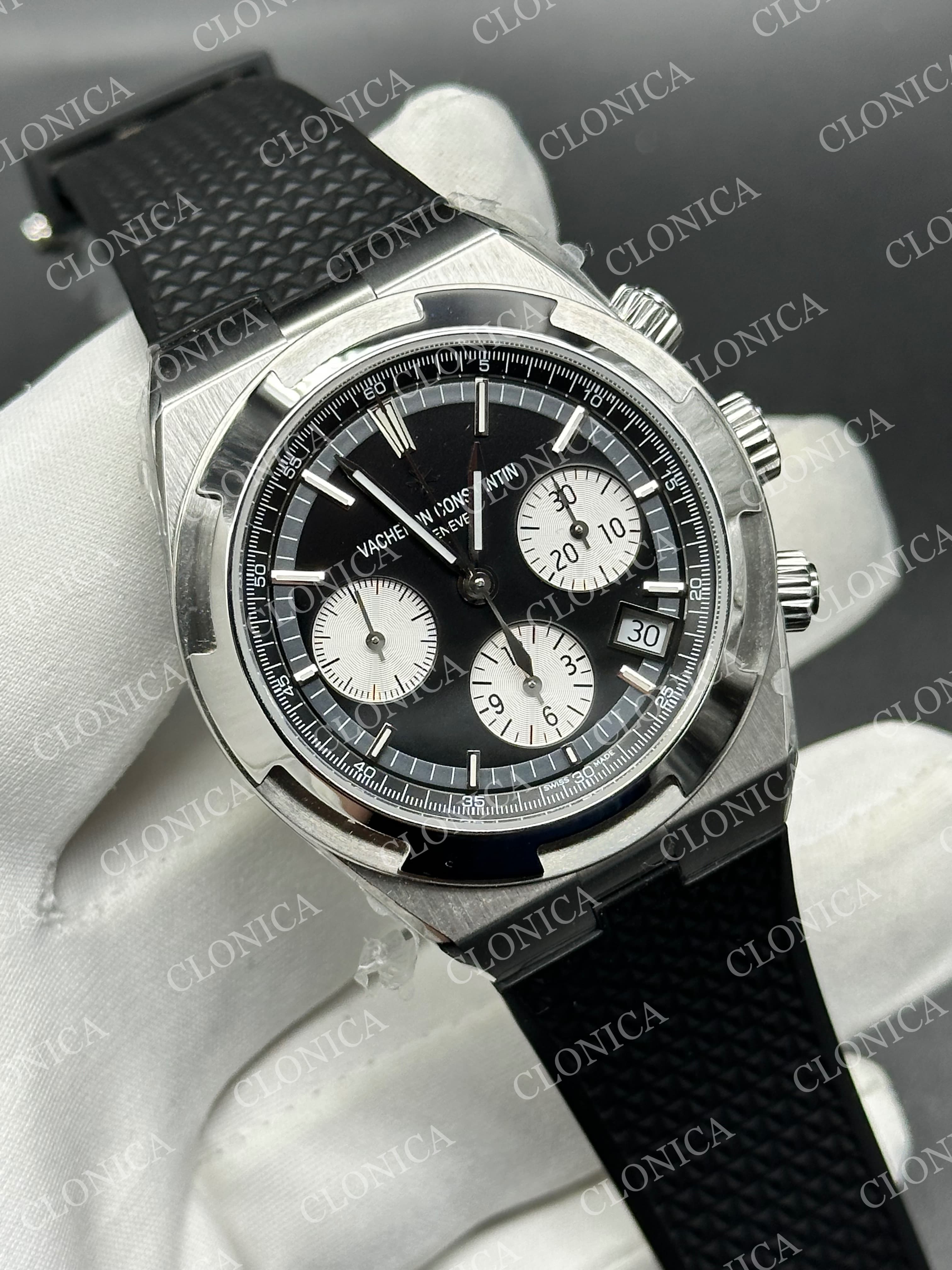 OVERSEAS 4520V SS BLACK/WHITE DIAL ON BLACK RUBBER STRAP A7750 — view 2